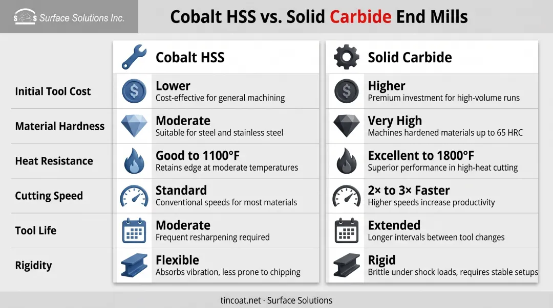 Cobalt versus carbide end mill comparison chart showing cost hardness speed and durability differences