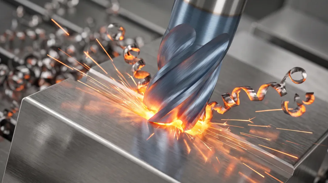 Cobalt HSS end mill cutting stainless steel with visible heat and chip formation