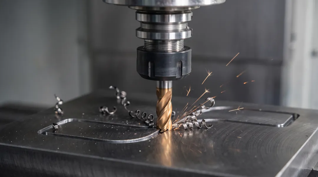 Solid carbide end mill with AlTiN coating cutting hardened steel at high speed