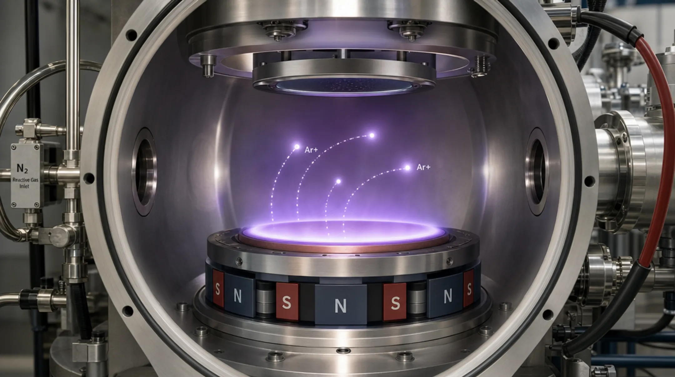 DC magnetron sputtering chamber used for PVD thin film deposition