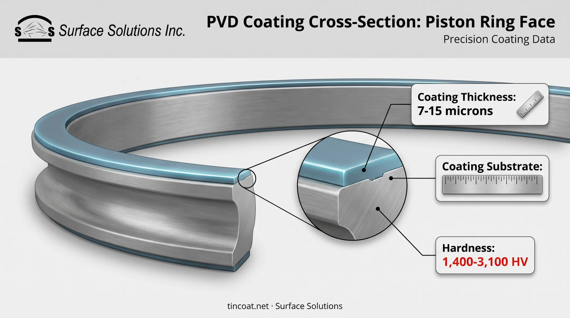 PVD coating thickness and hardness ranges on piston ring cross-section