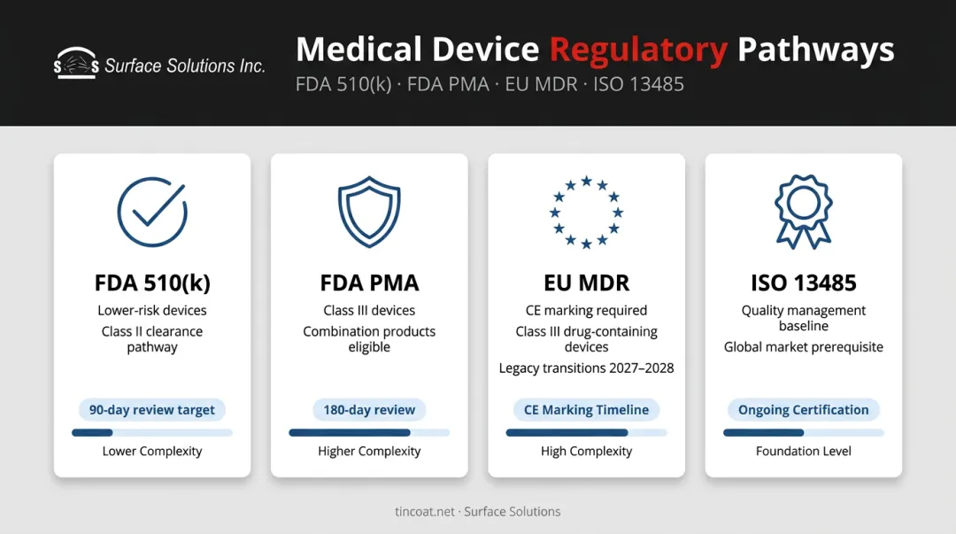 Medical device coating regulatory approval pathway comparison FDA 510k PMA EU MDR ISO 13485
