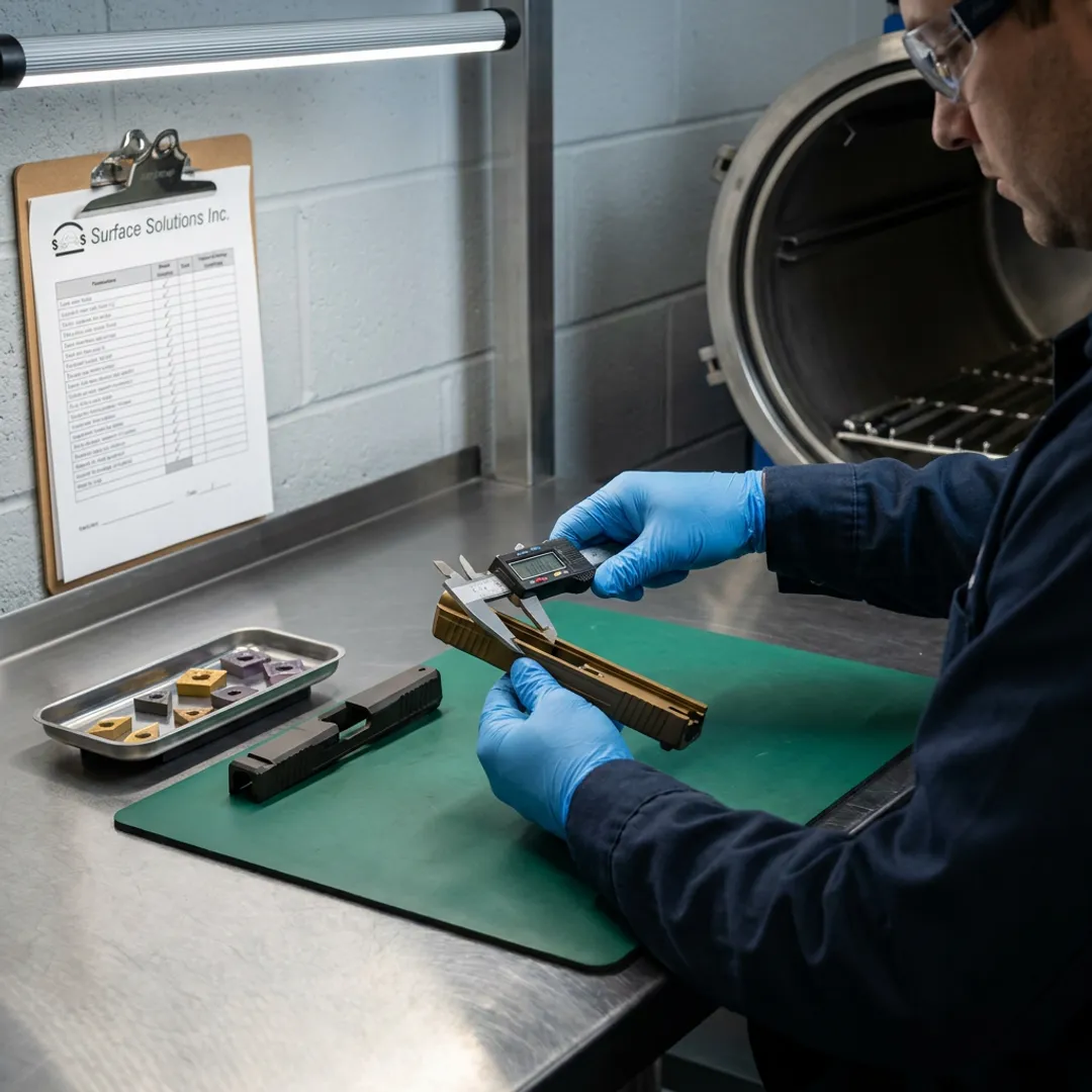 Technician inspecting coated firearm parts