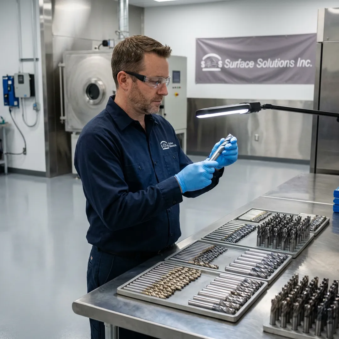 Technician preparing metal tooling for PVD coating