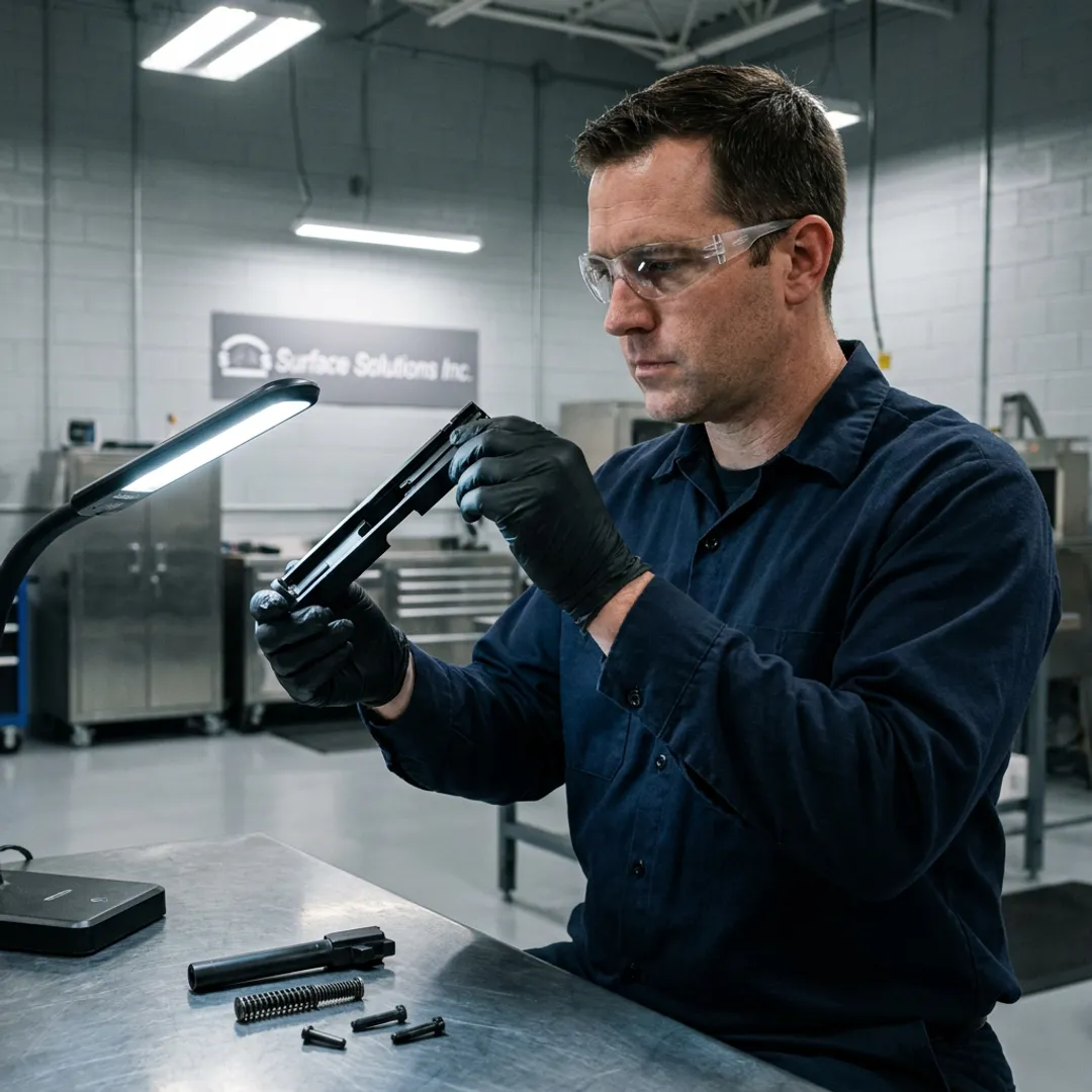 Technician inspecting coated firearm parts