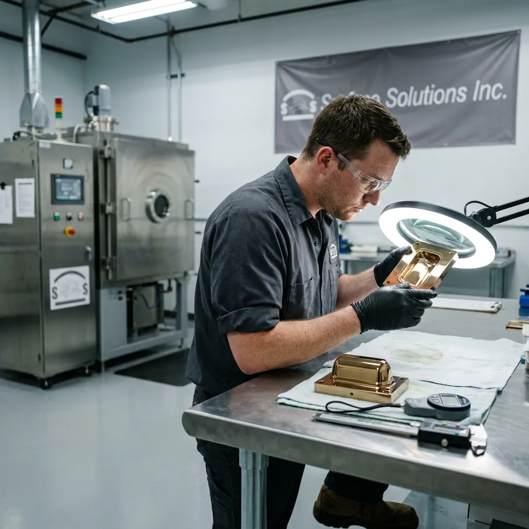 Technician inspecting coated injection mold tooling