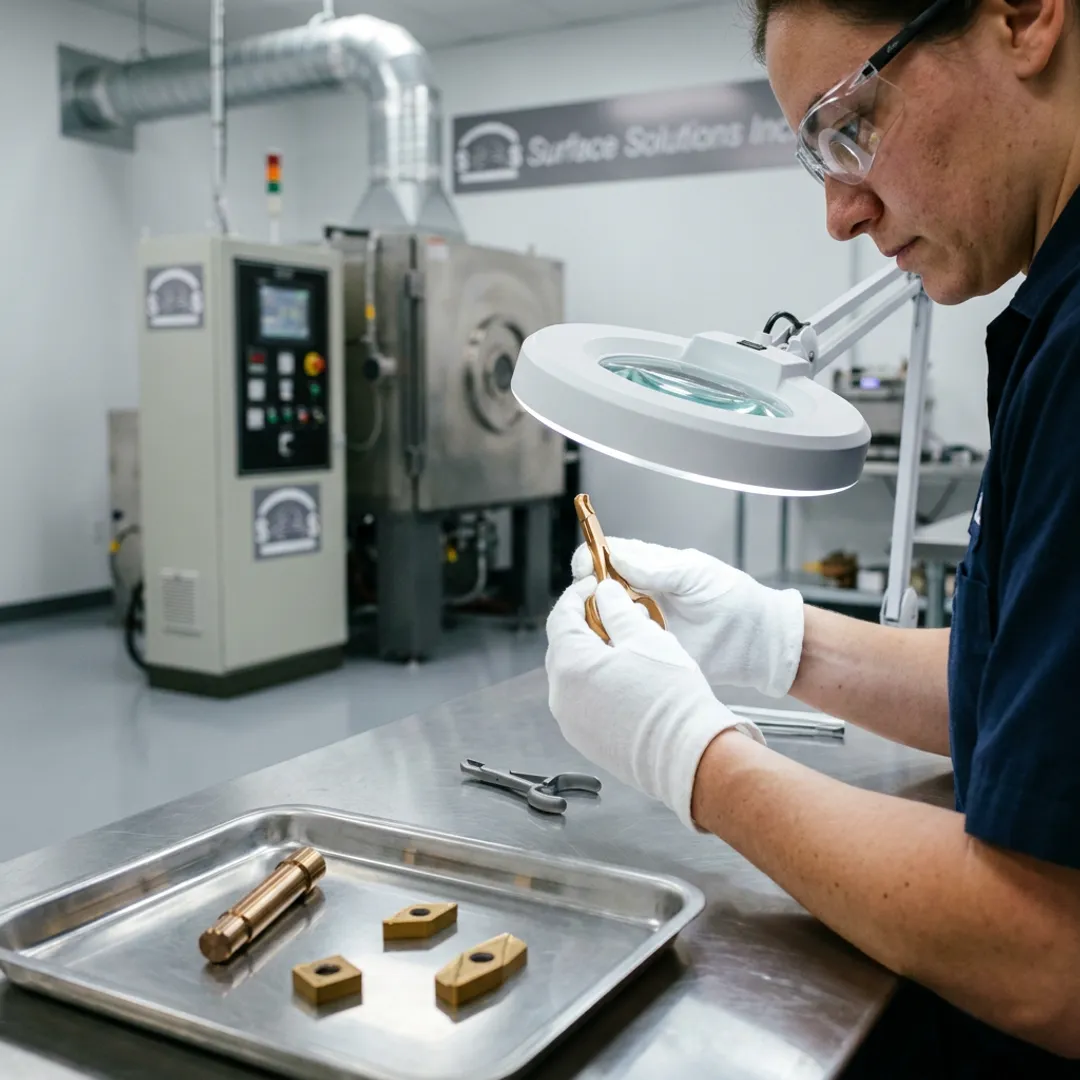 Technician inspecting coated medical components