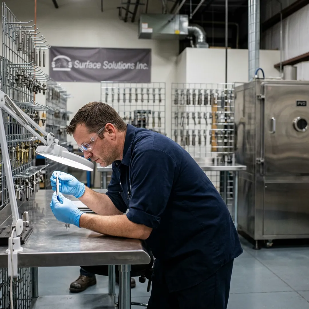 Technician inspecting stripped metal parts