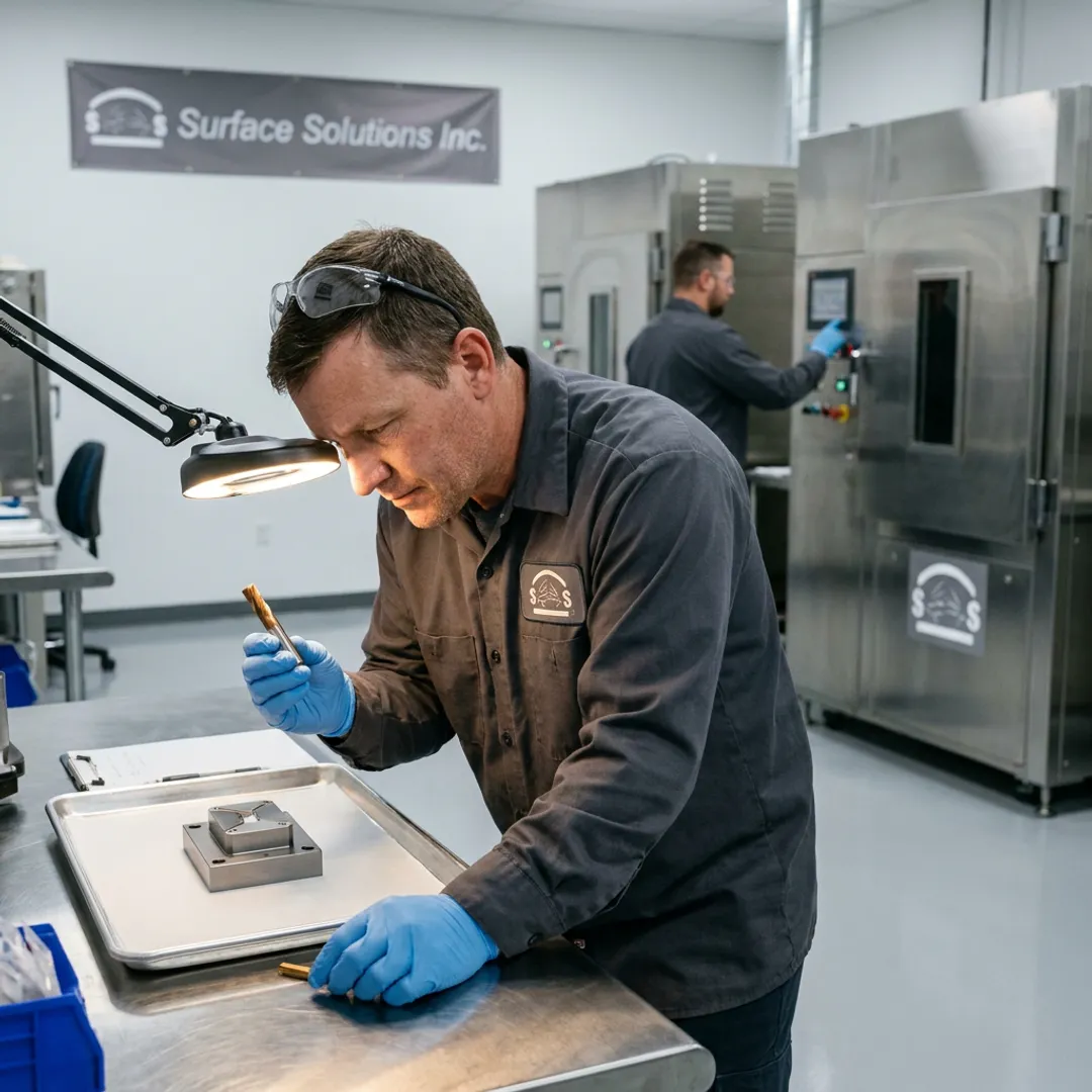 Technician inspecting coated cutting tools