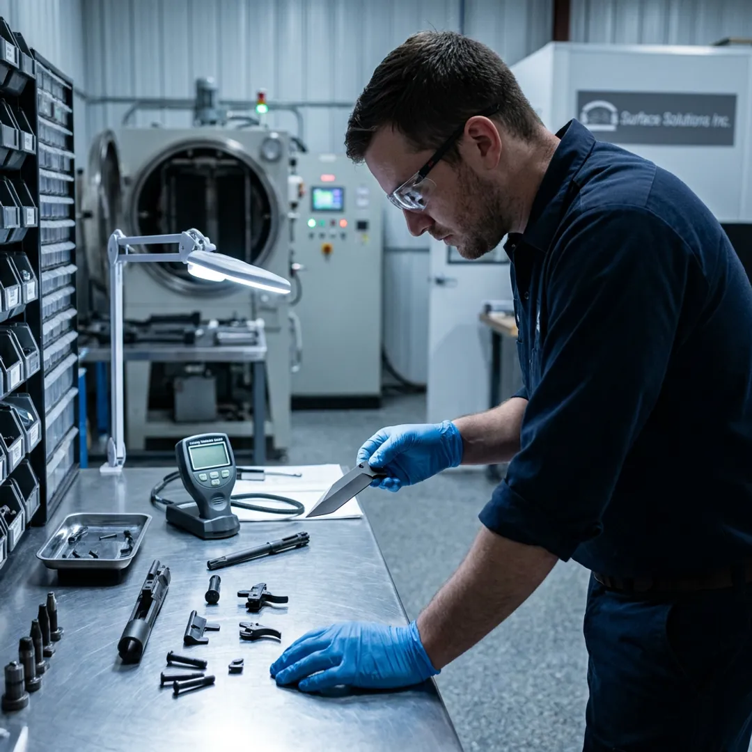 Technician inspecting coated firearm and blade components