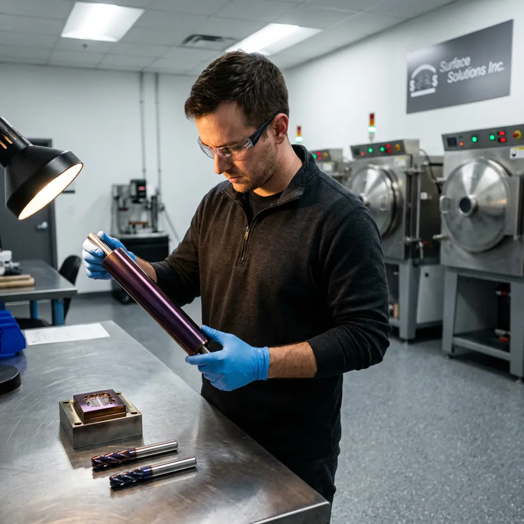 Technician inspecting coated industrial roller