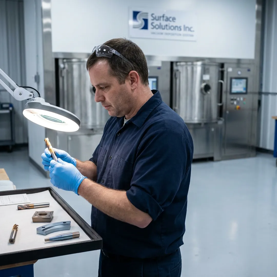 PVD coating technician inspecting metal tools