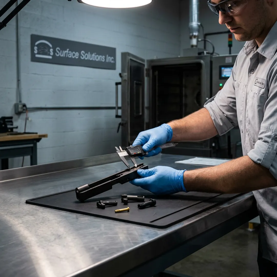Technician inspecting coated firearm components