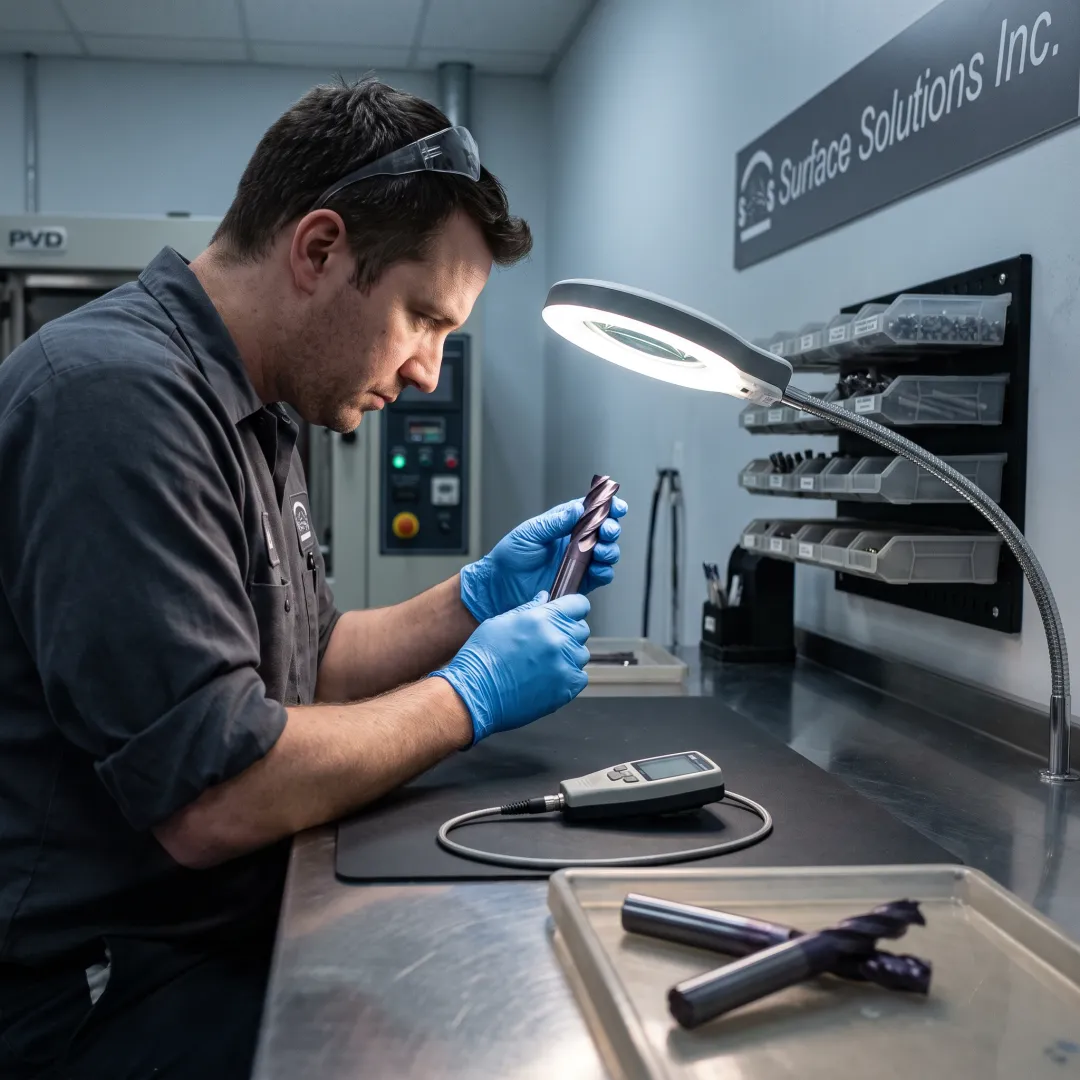 Technician inspecting coated manufacturing tool