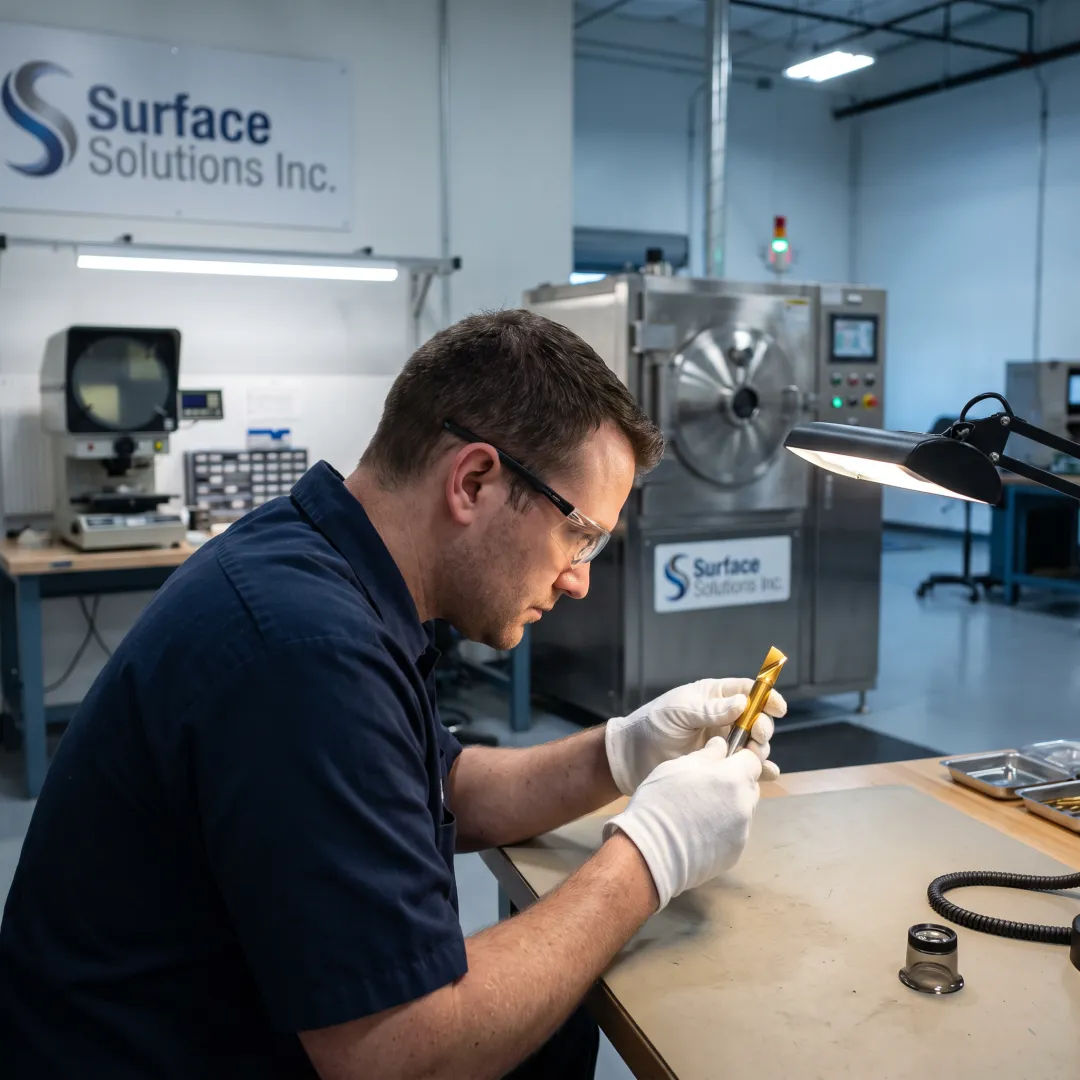 Technician inspecting coated manufacturing tool