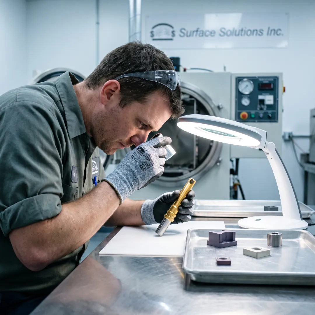 Technician inspecting coated industrial tooling