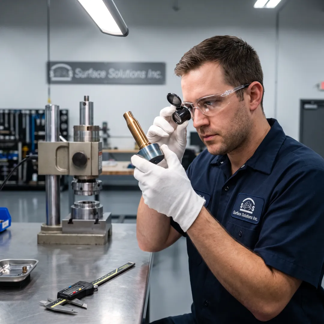 Technician inspecting coated forming tool