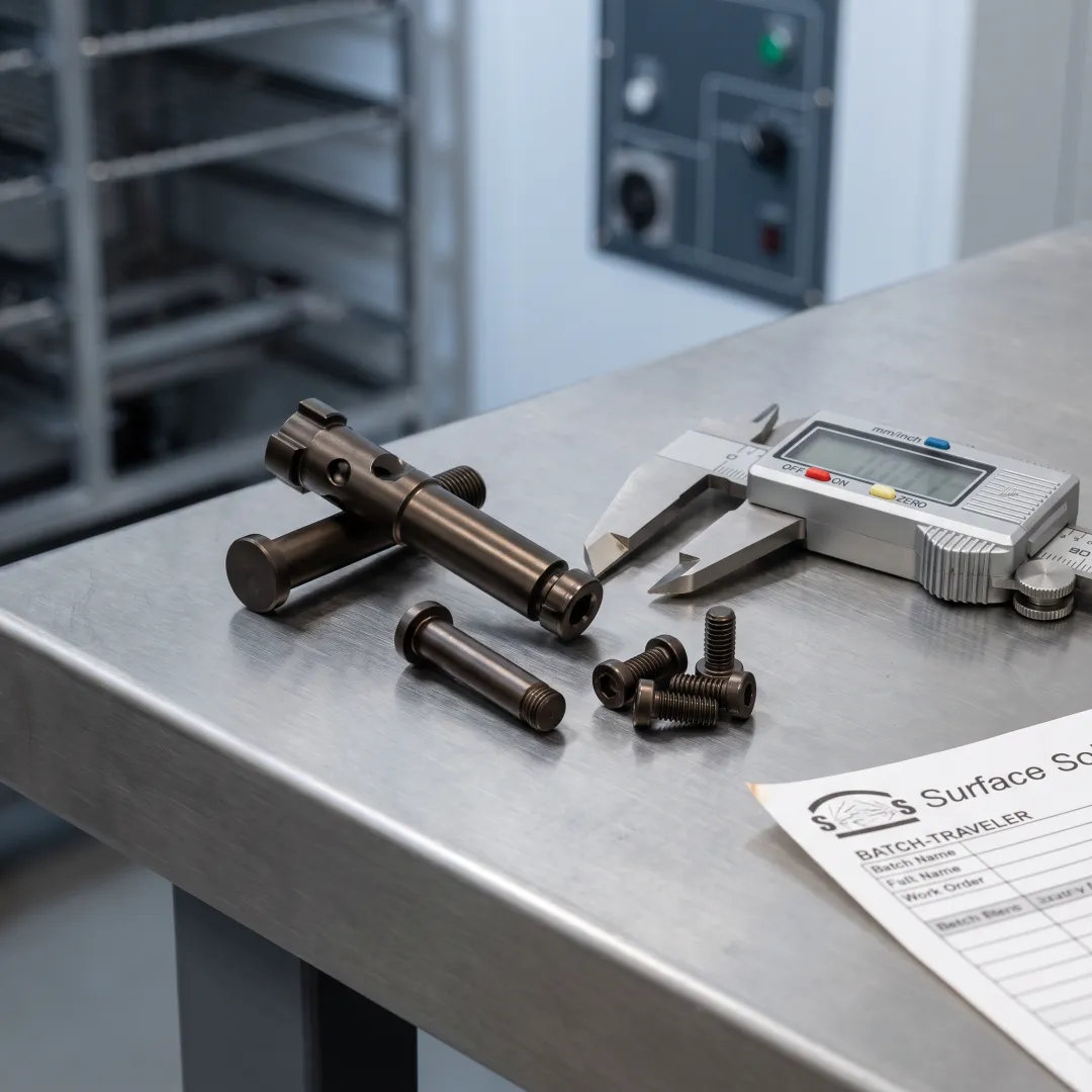 PVD-coated firearm components on a workbench