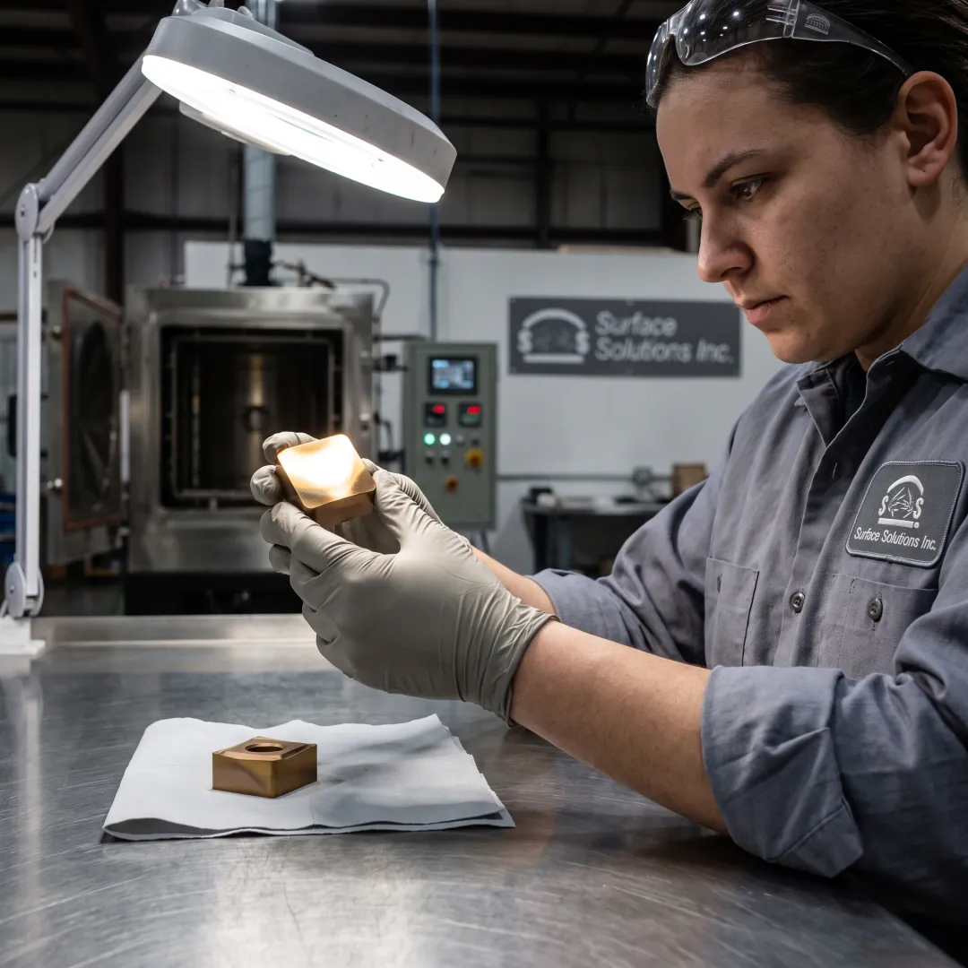 Technician inspecting a coated metal component
