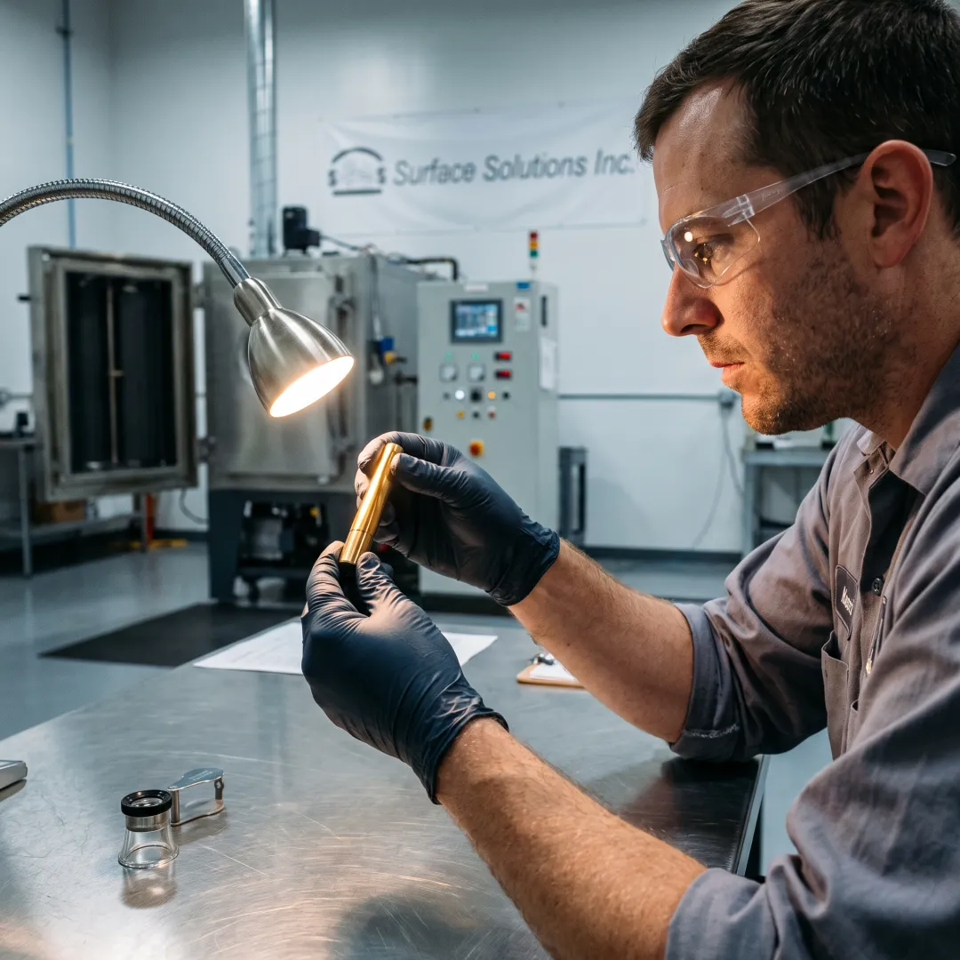 Technician inspecting coated manufacturing tool