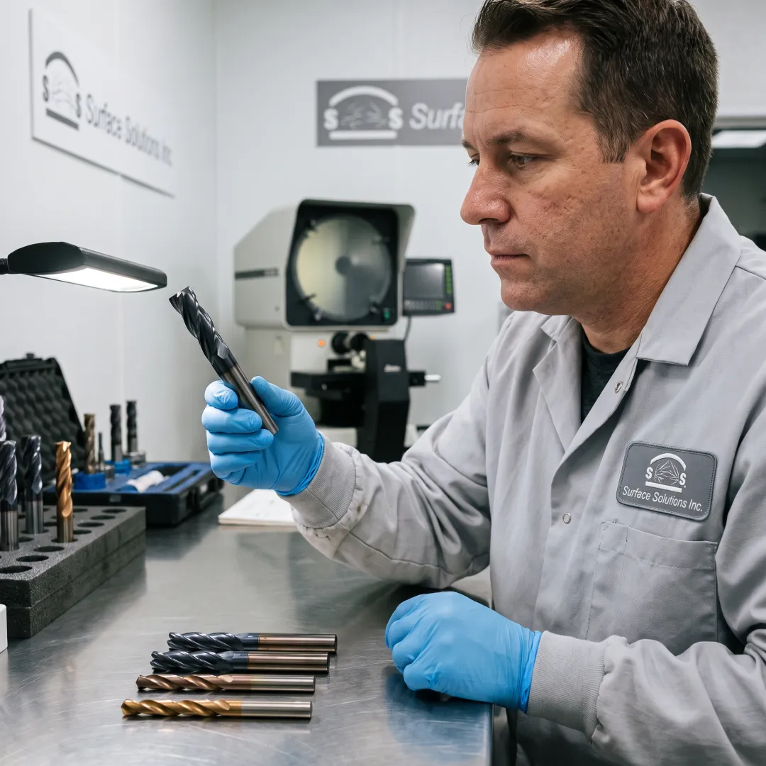 Technician inspecting coated metal tooling