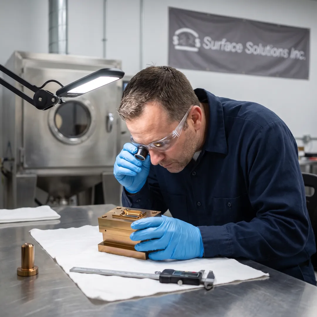 Technician inspecting a precision-coated tool