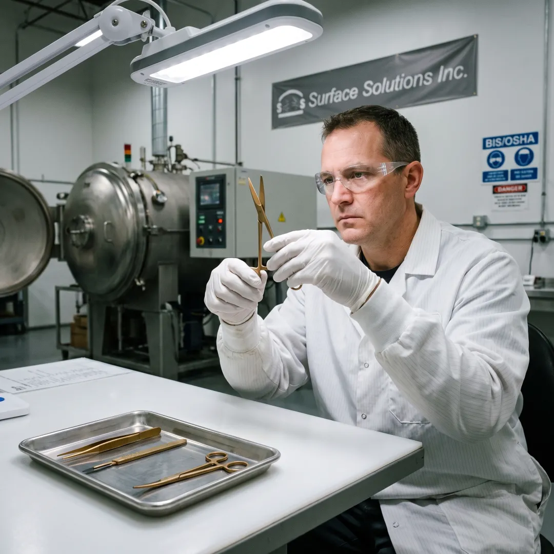 Technician inspecting coated surgical instrument components