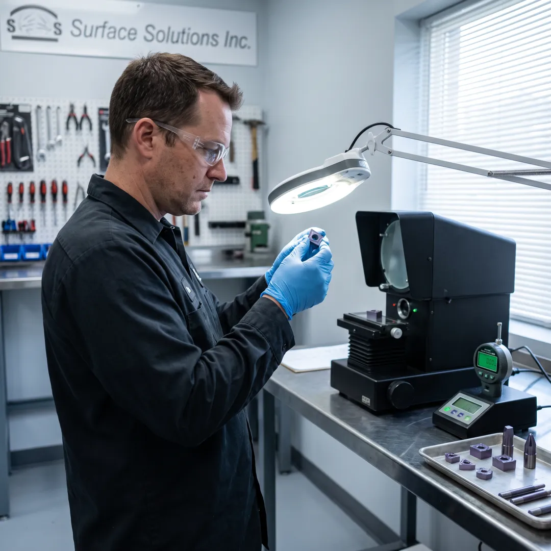 Technician inspecting coated carbide tooling