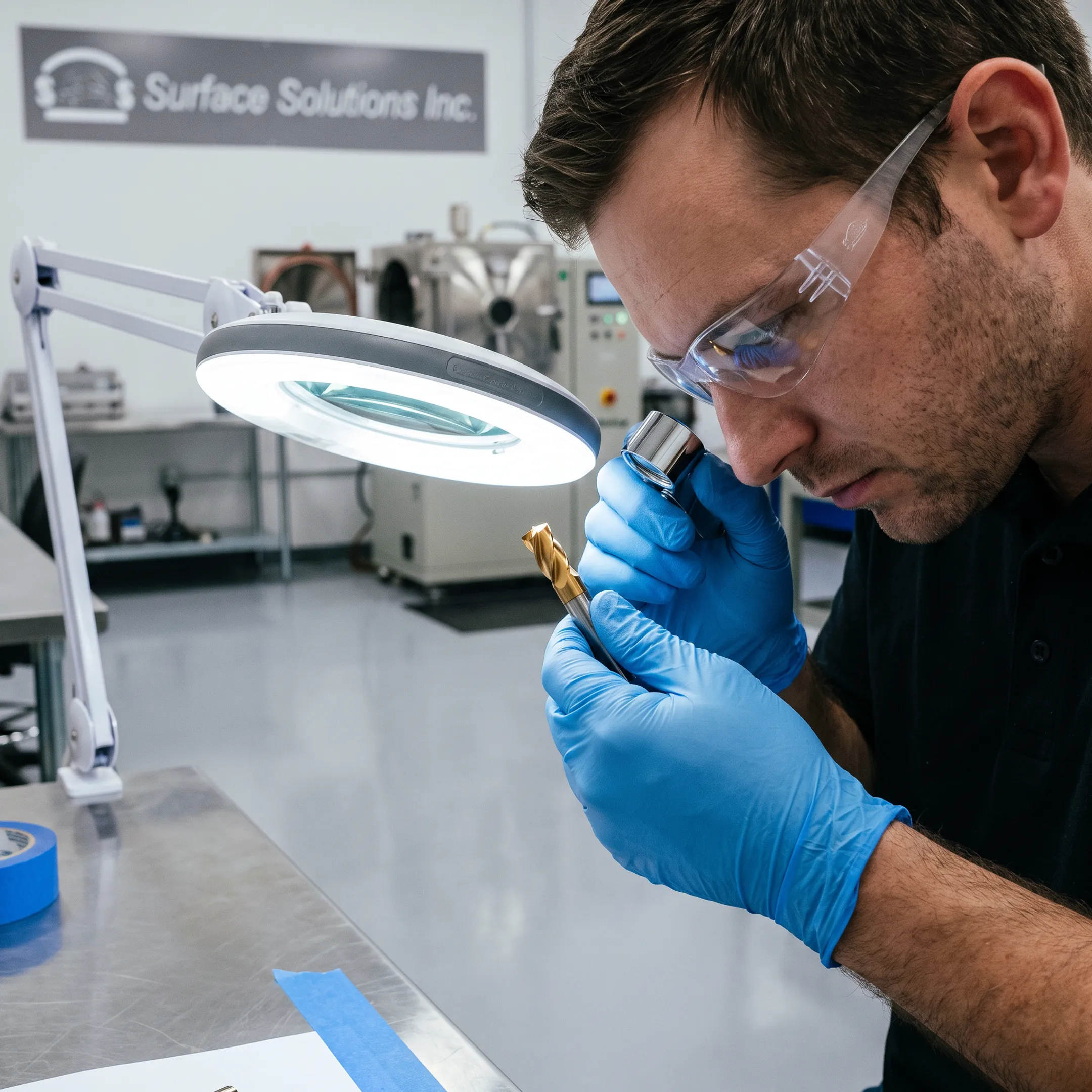 Technician inspecting coated precision tooling