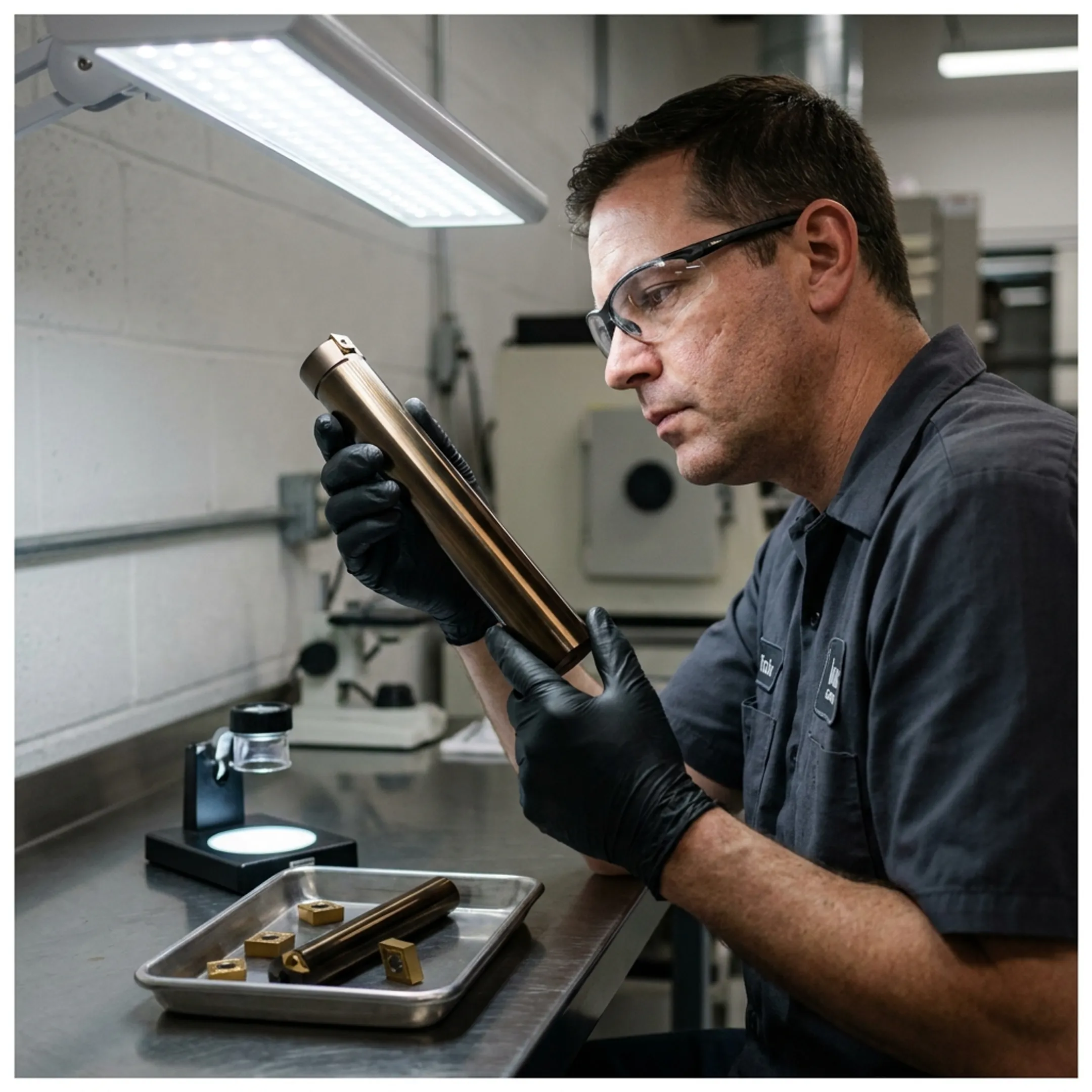 Technician inspecting coated boring tools