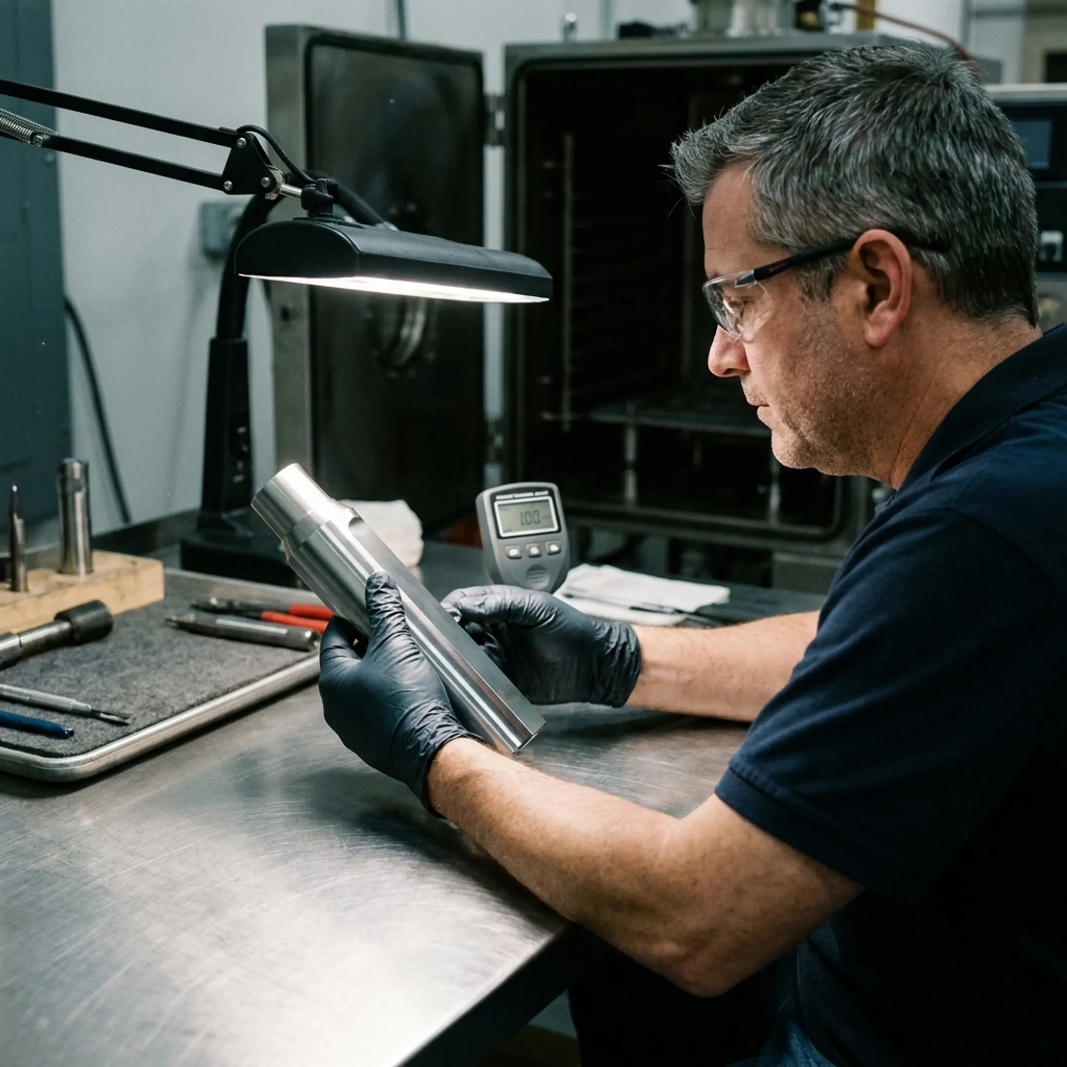 Technician inspecting coated tooling
