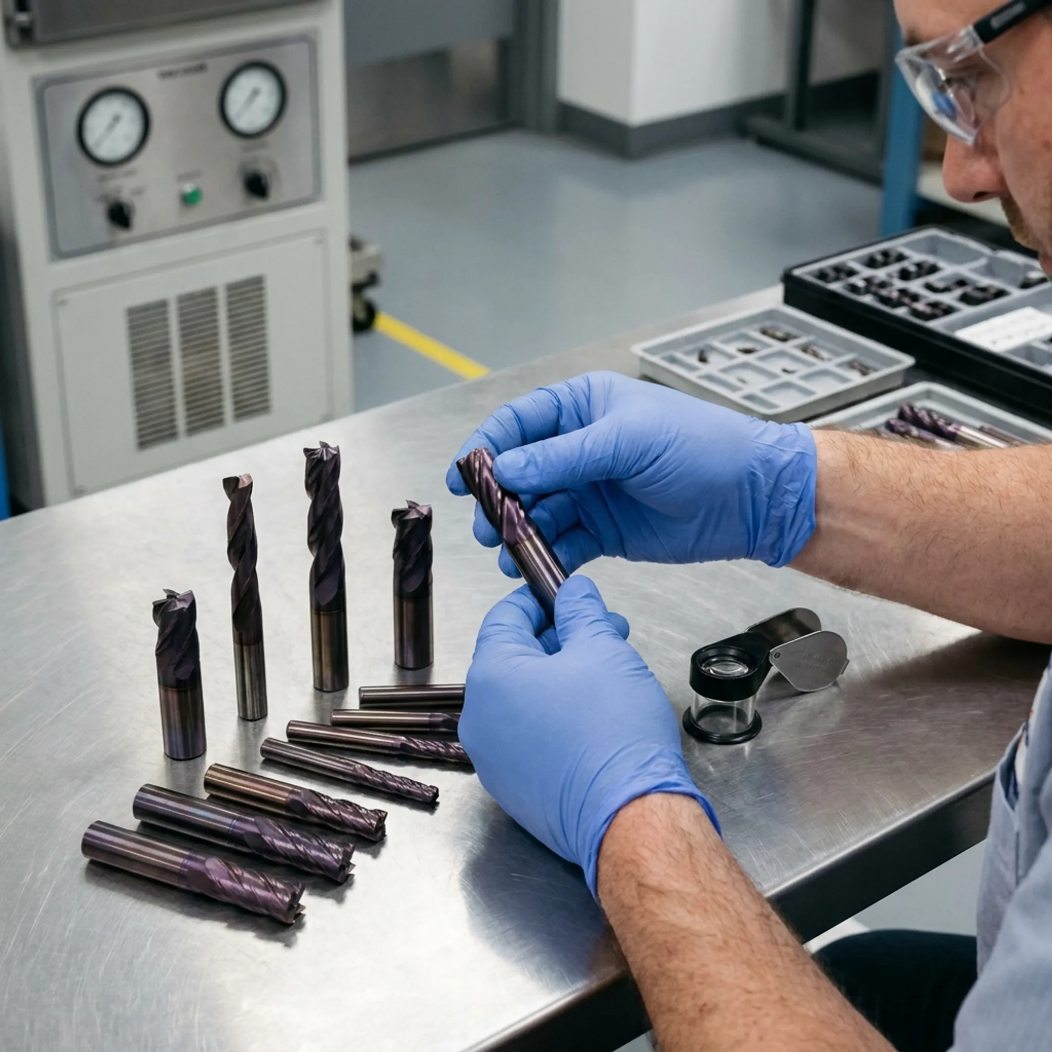 Technician inspecting coated cutting tools