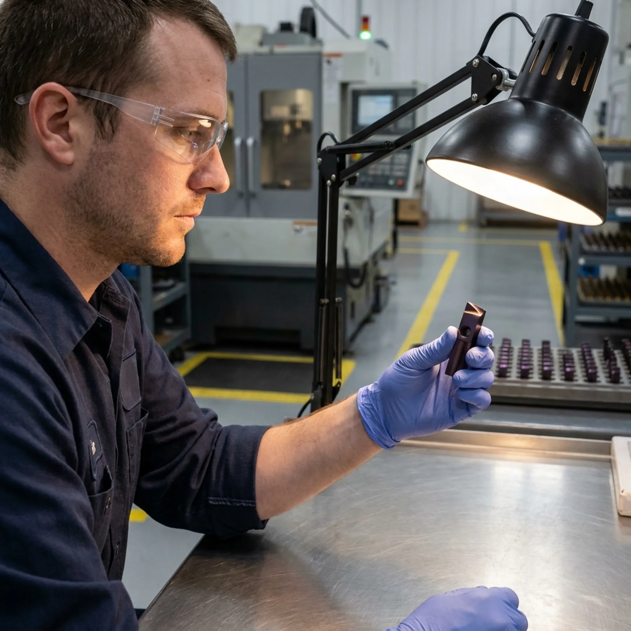 Technician inspecting coated precision tooling