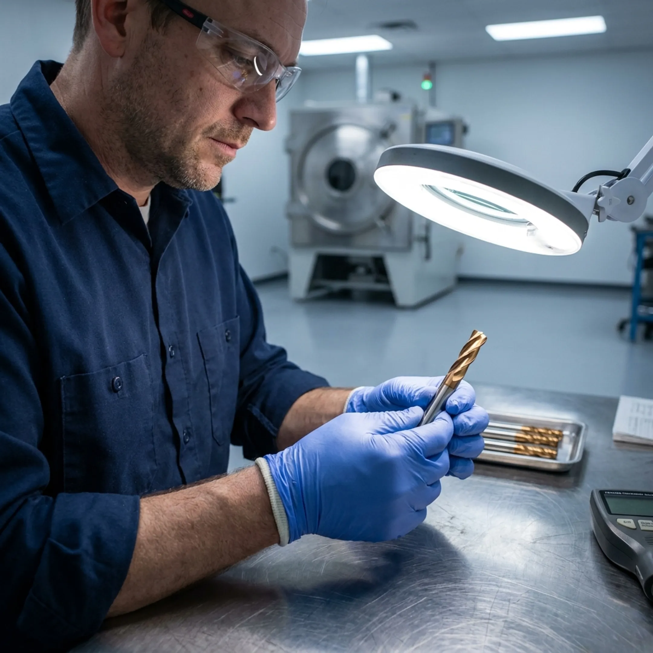 Technician inspecting coated industrial tooling