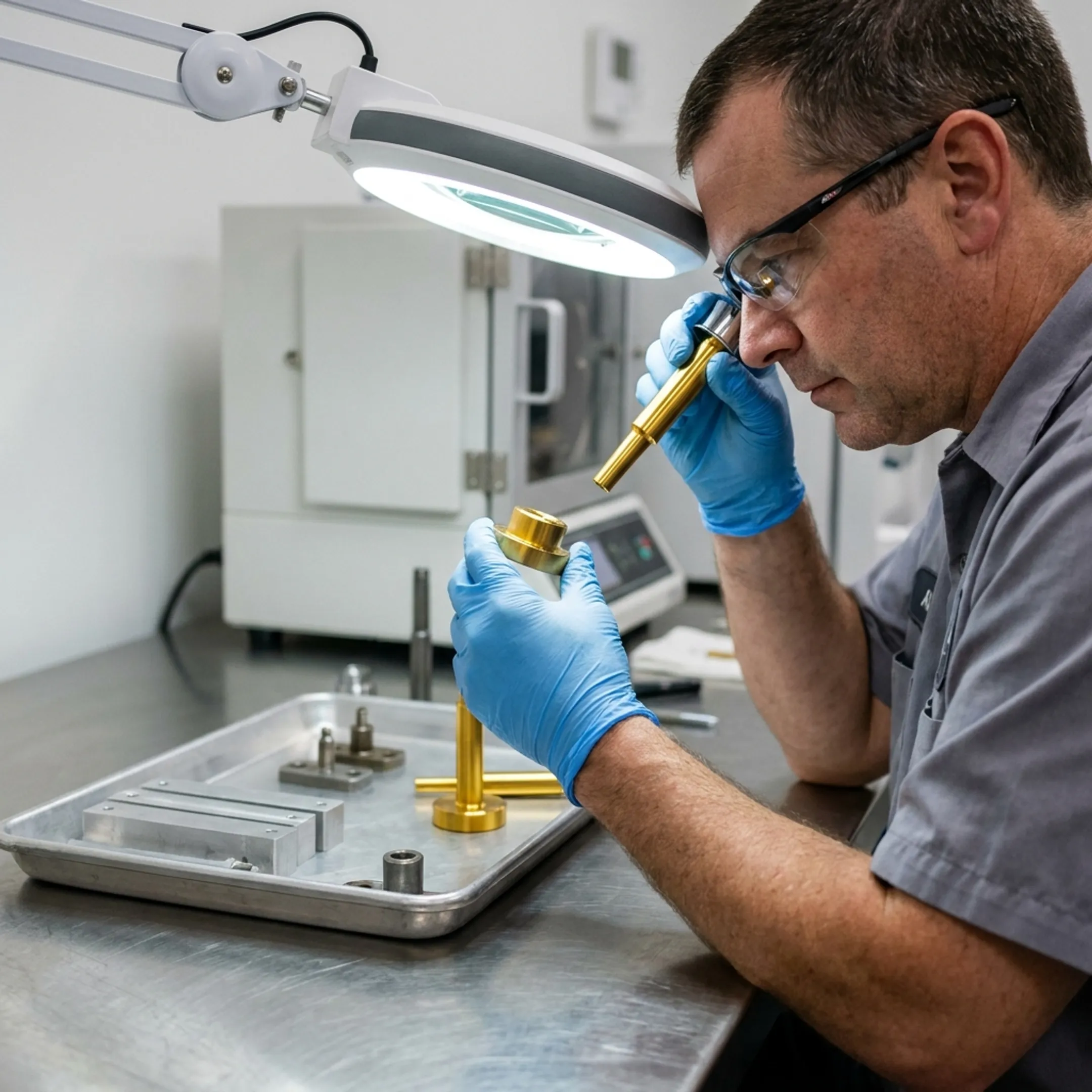 Technician inspecting coated aluminum tooling
