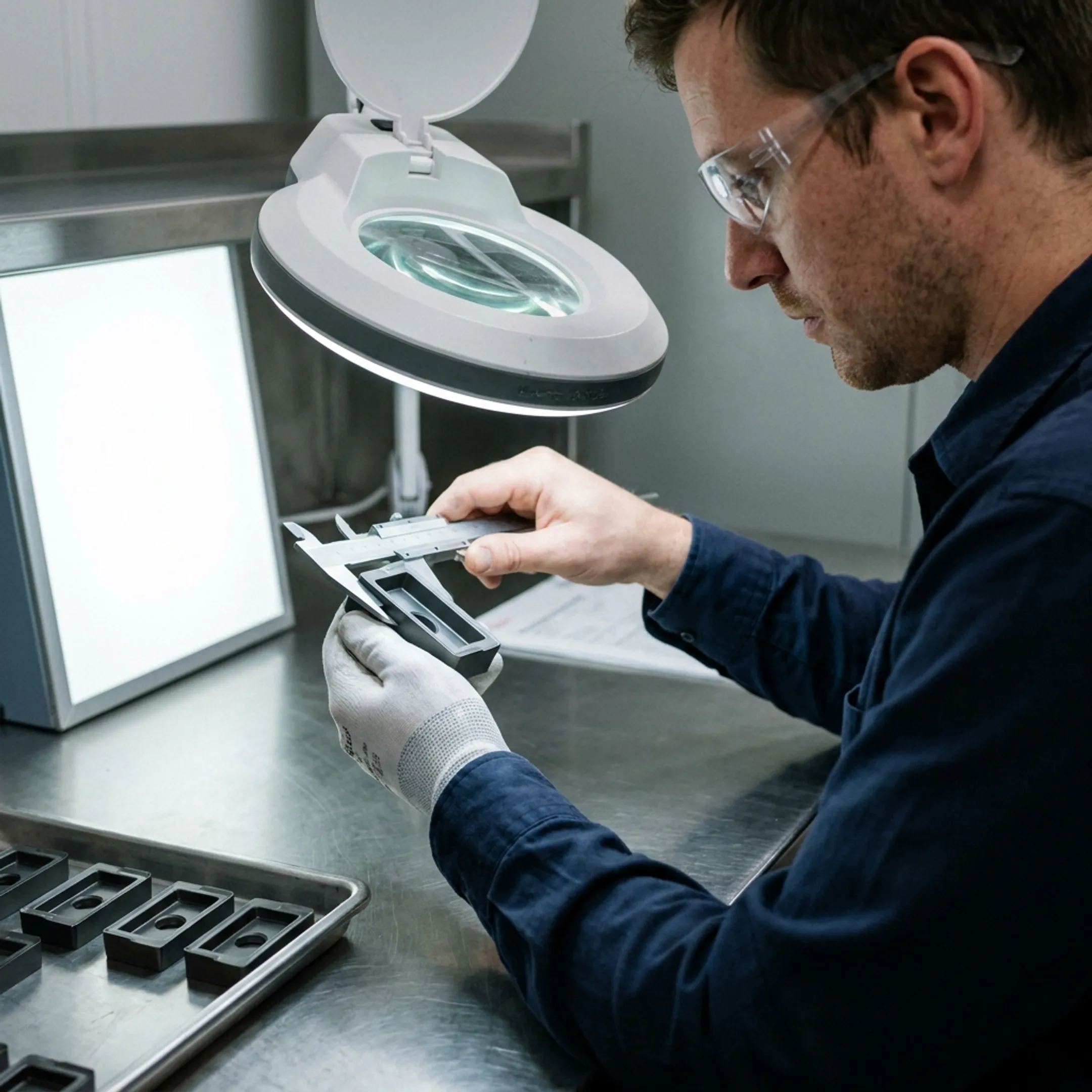 Technician inspecting coated die casting tool