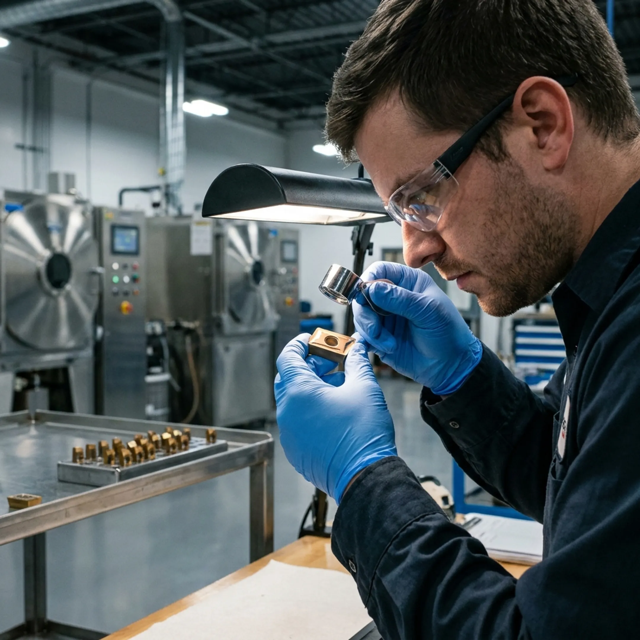 Technician inspecting coated metal tooling
