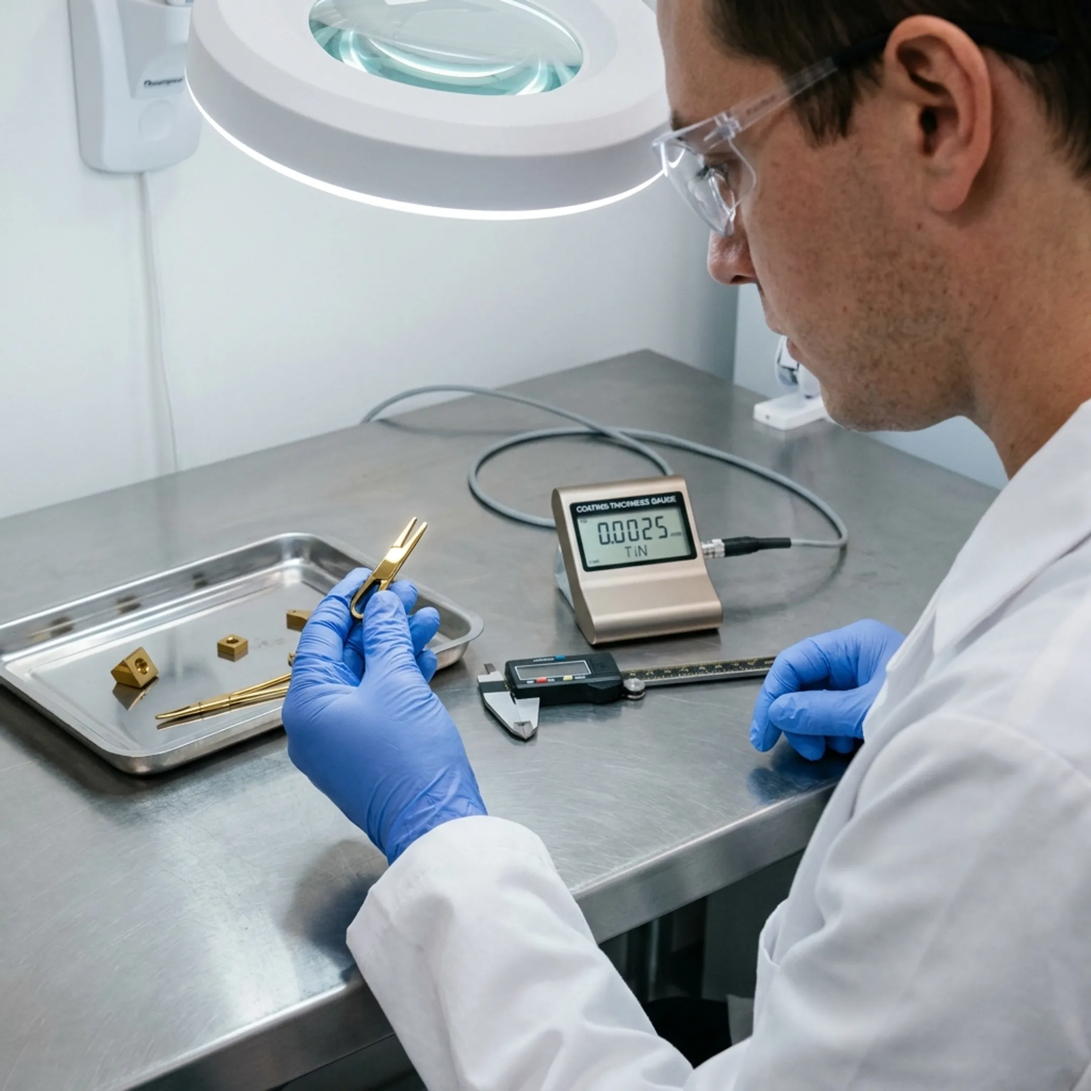 Technician inspecting coated medical component