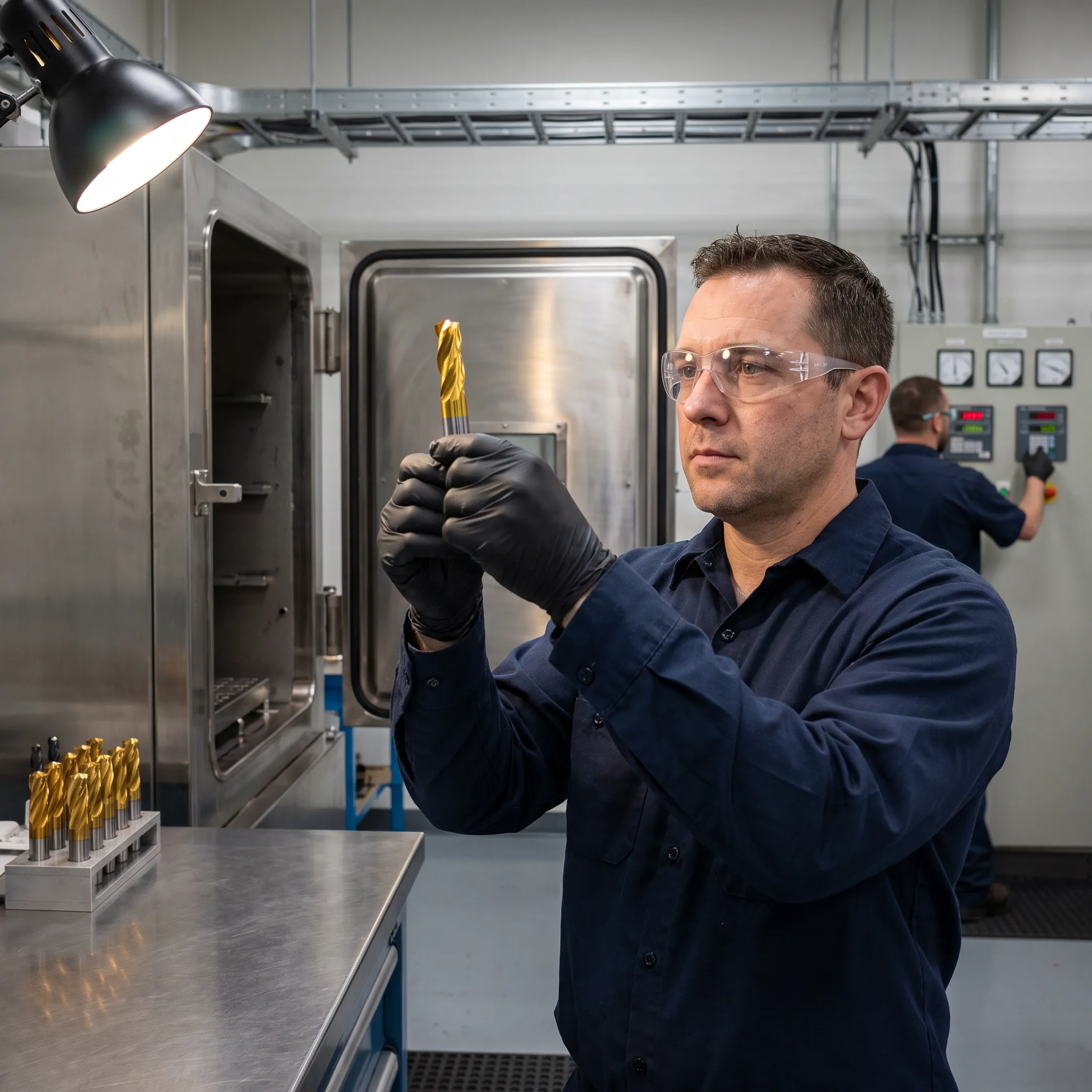 Technician inspecting a titanium nitride coated tool