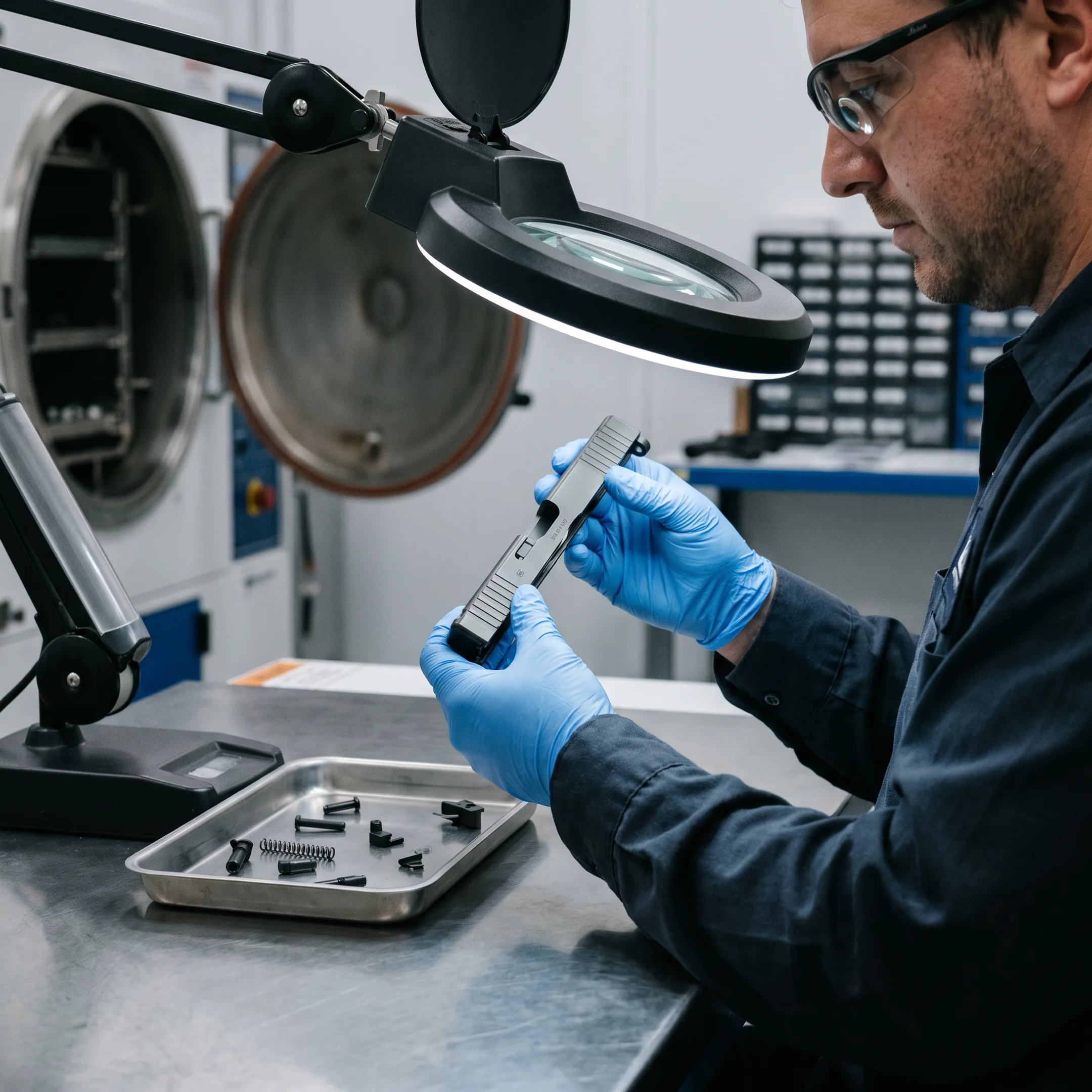 Technician inspecting coated Glock slide components