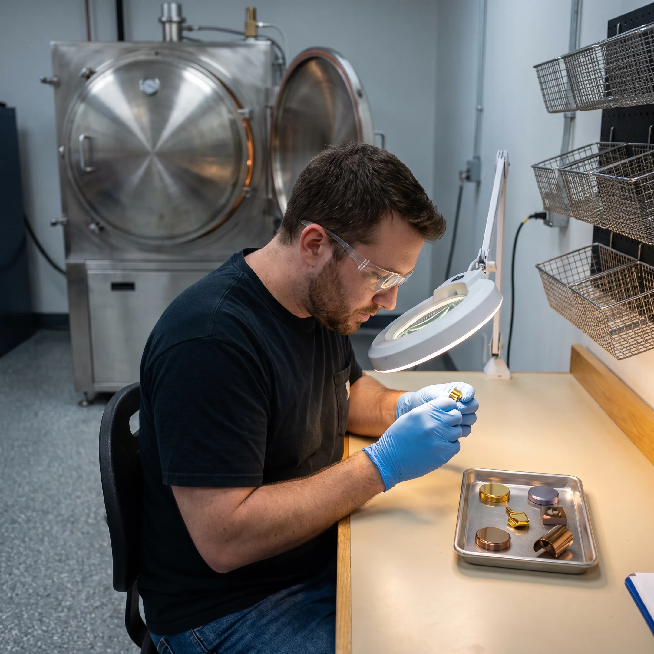 Technician inspecting coated medical device tooling