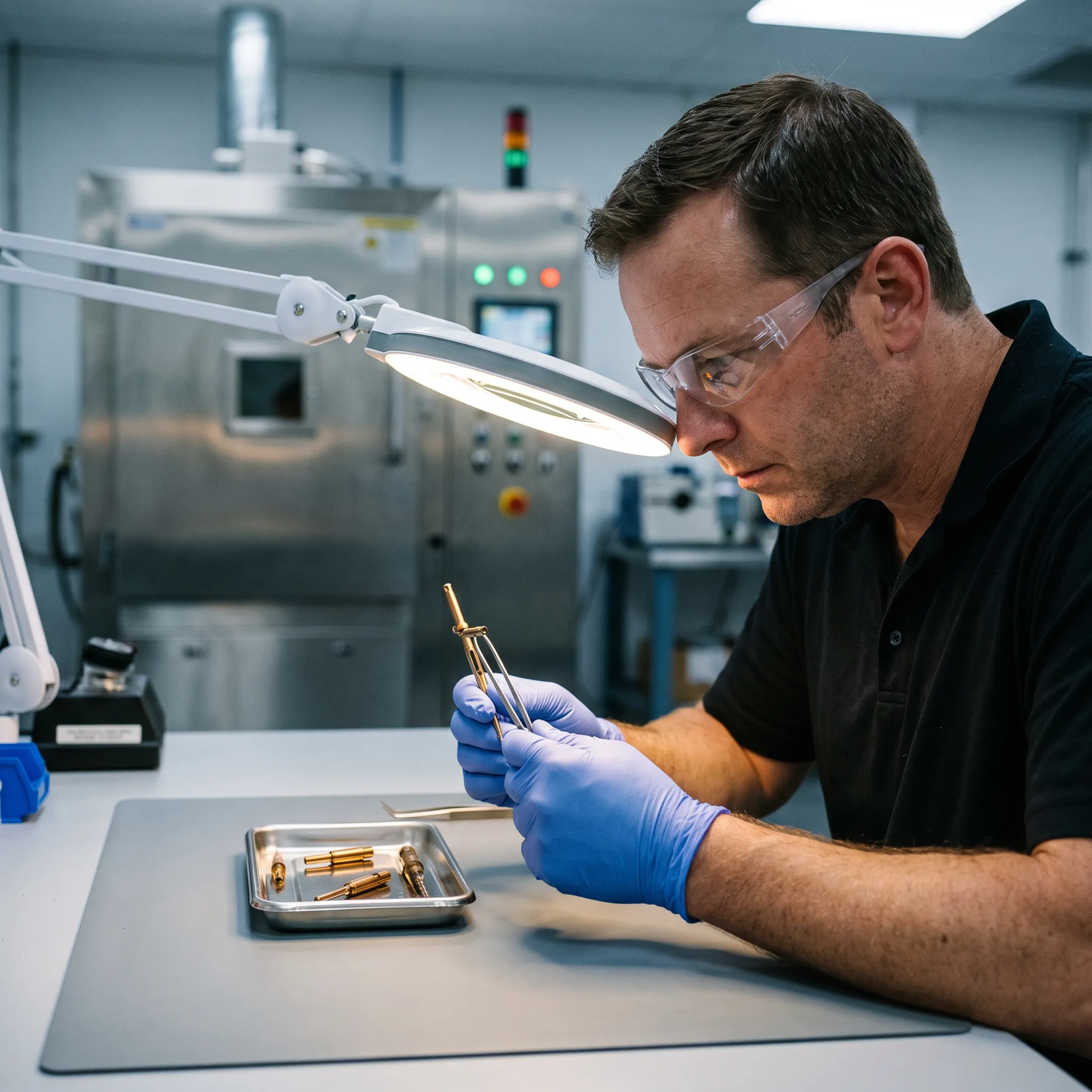Technician inspecting coated medical tooling