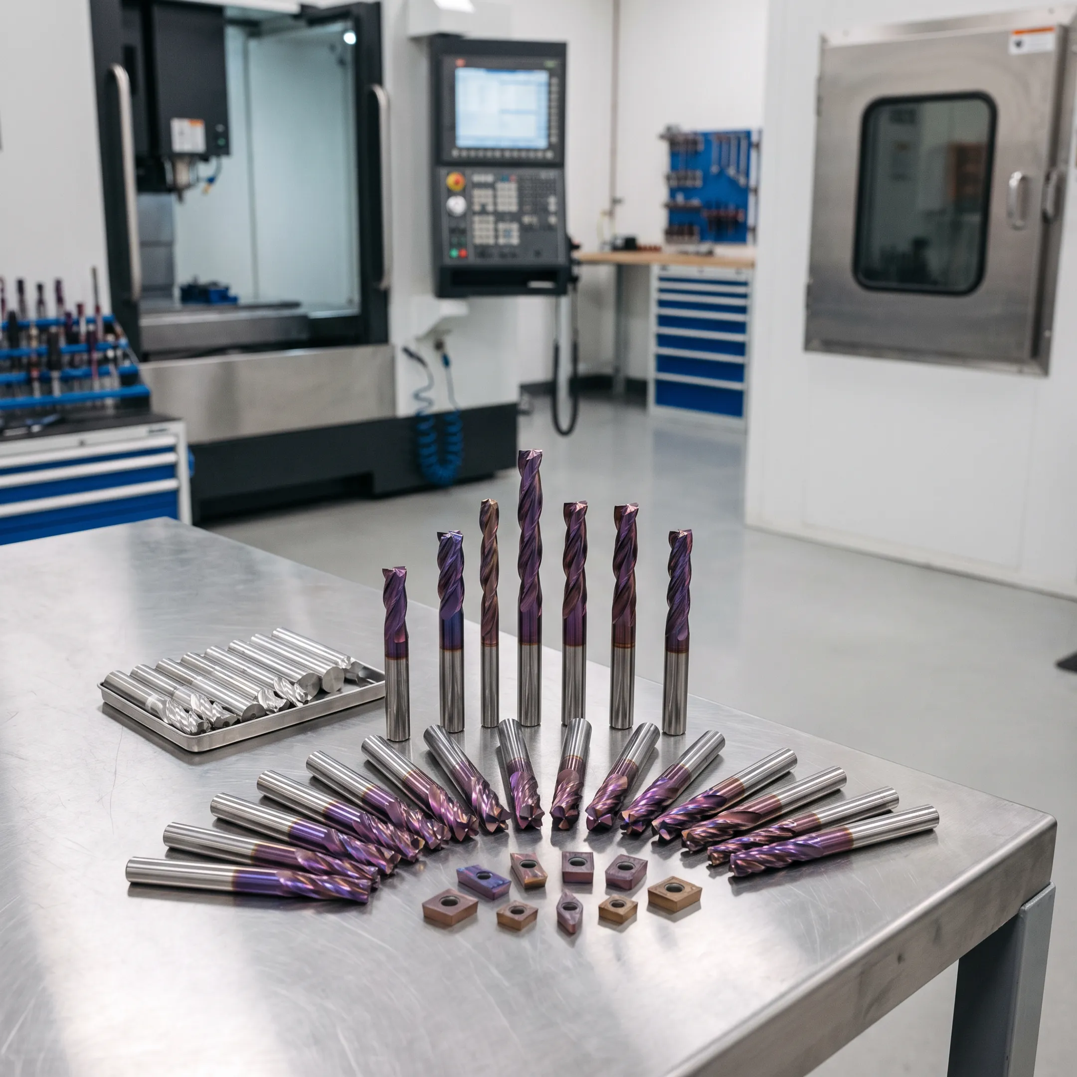 TiAlN-coated cutting tools arranged beside precision machining equipment