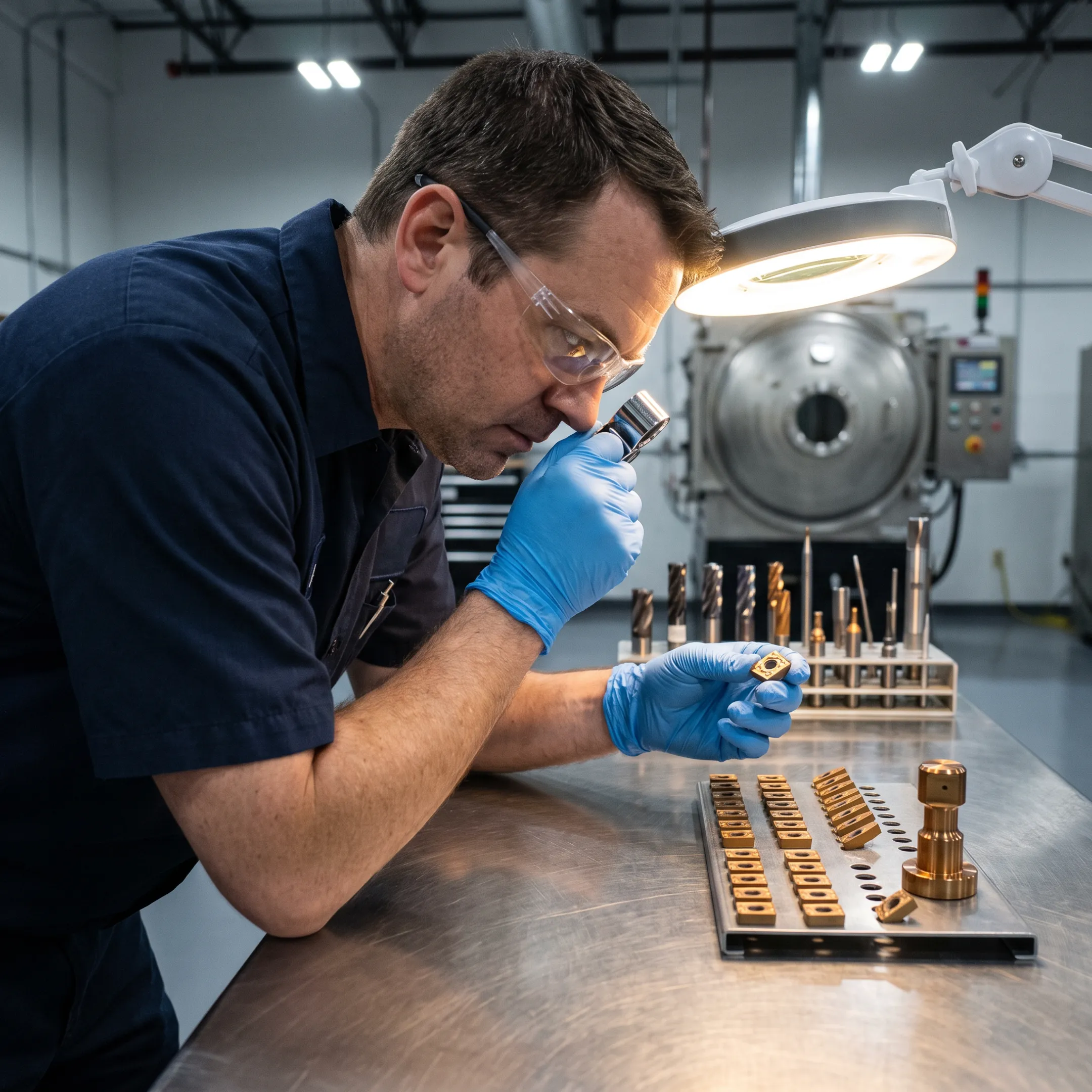 PVD coating technician inspecting coated industrial tooling