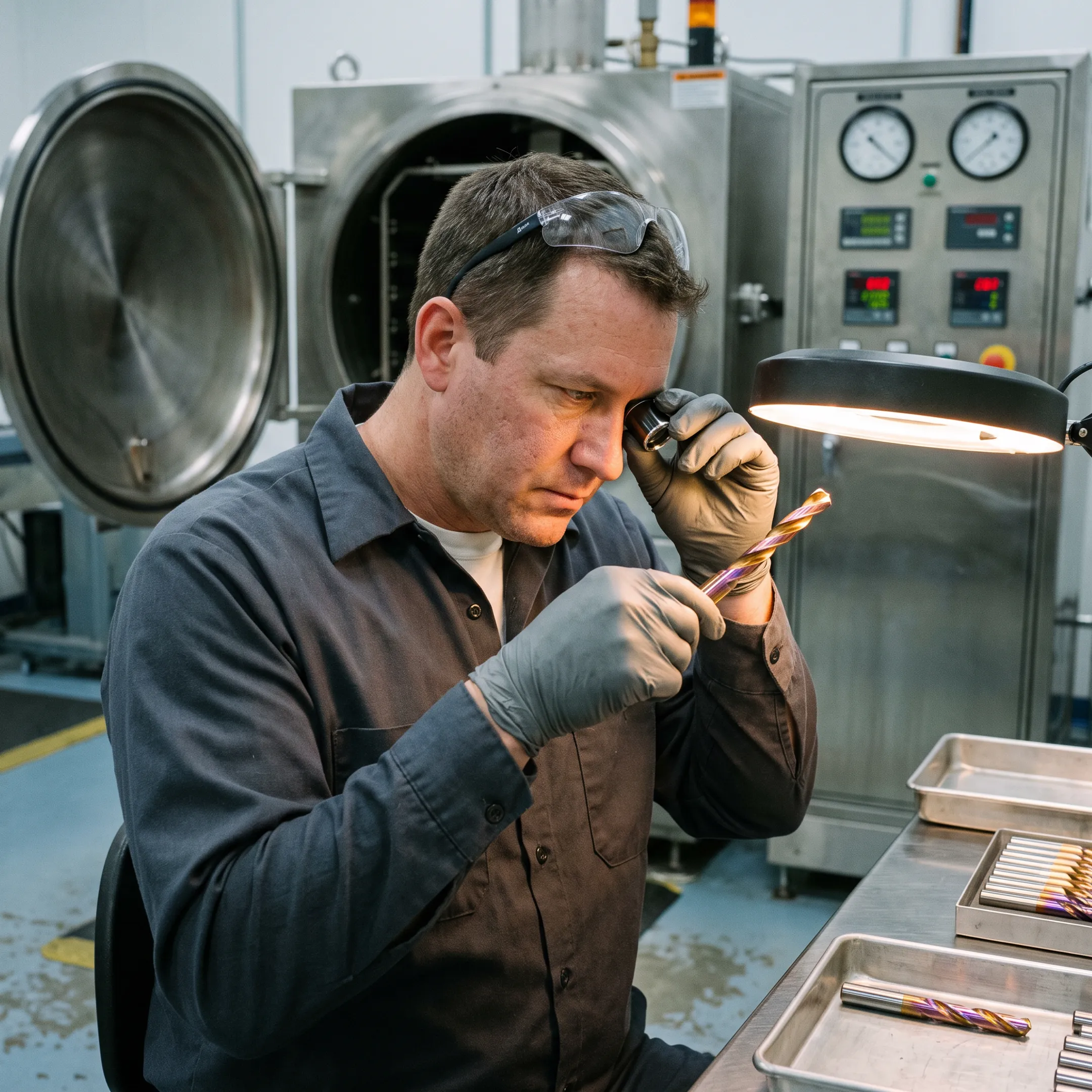 Technician inspecting a precision coated industrial tool