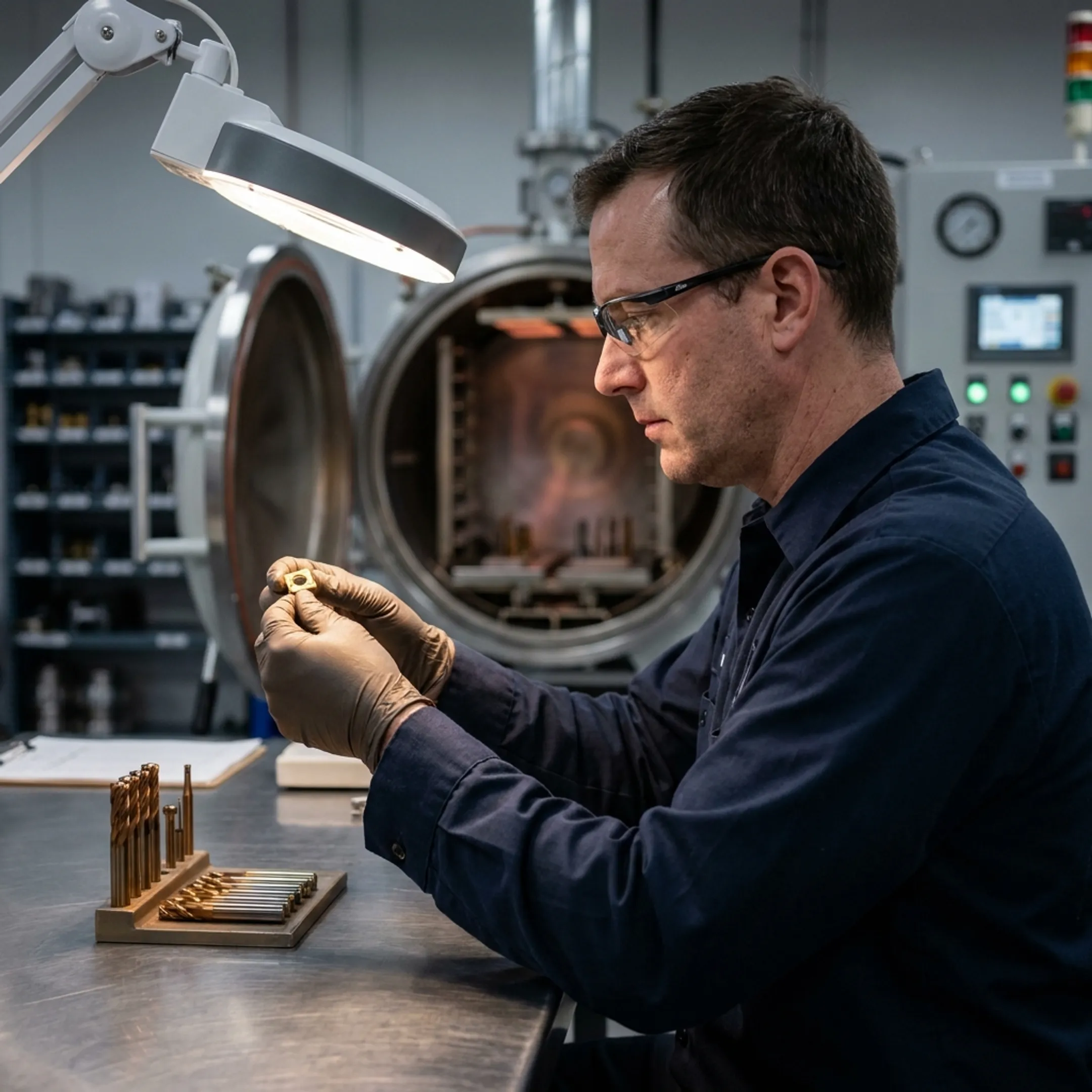 Technician inspecting coated industrial tooling