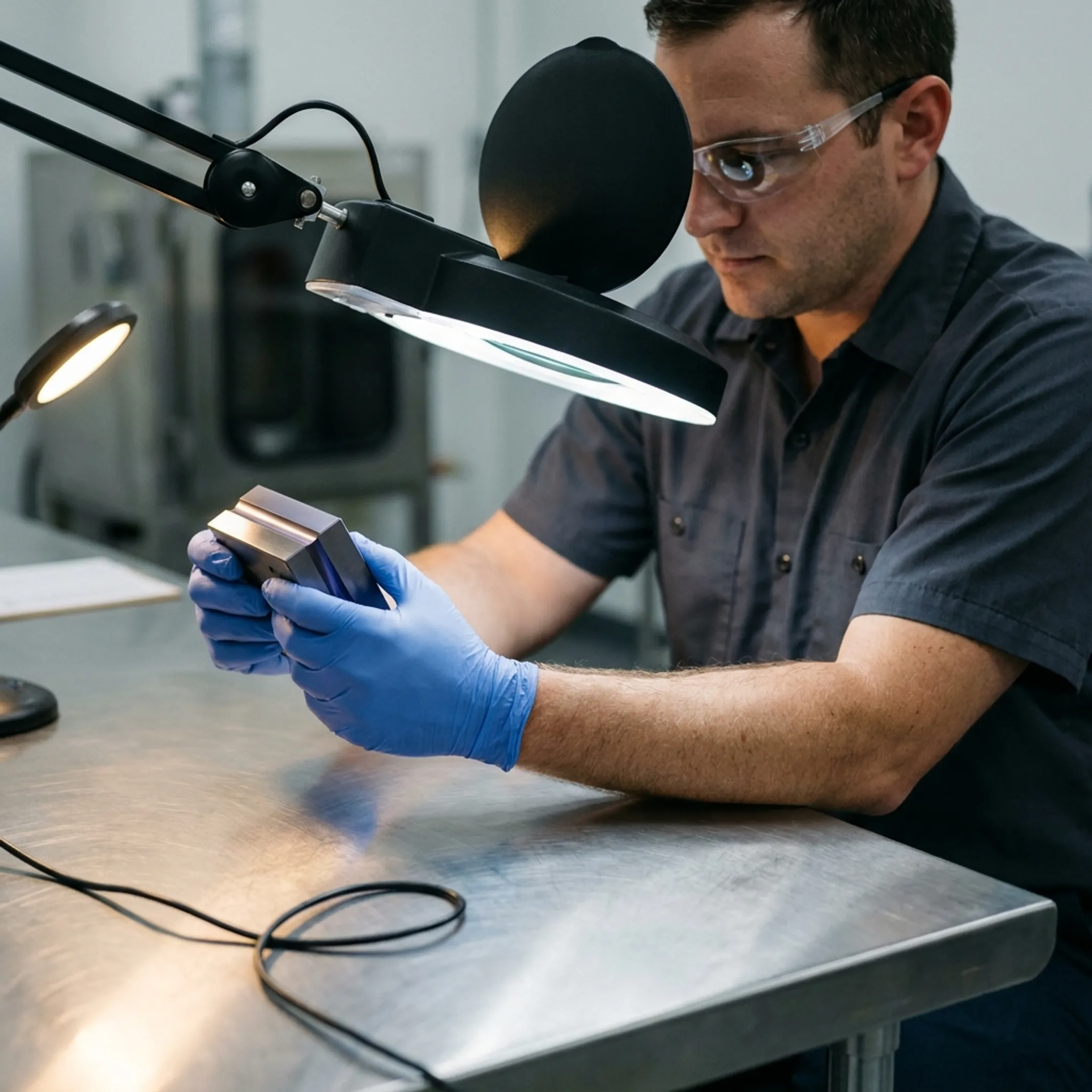 Technician inspecting a coated blanking die