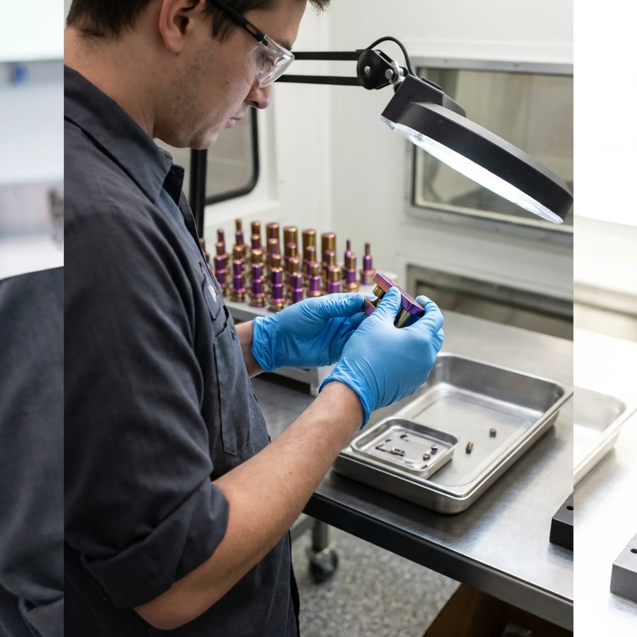 Technician inspecting coated punch and die tooling