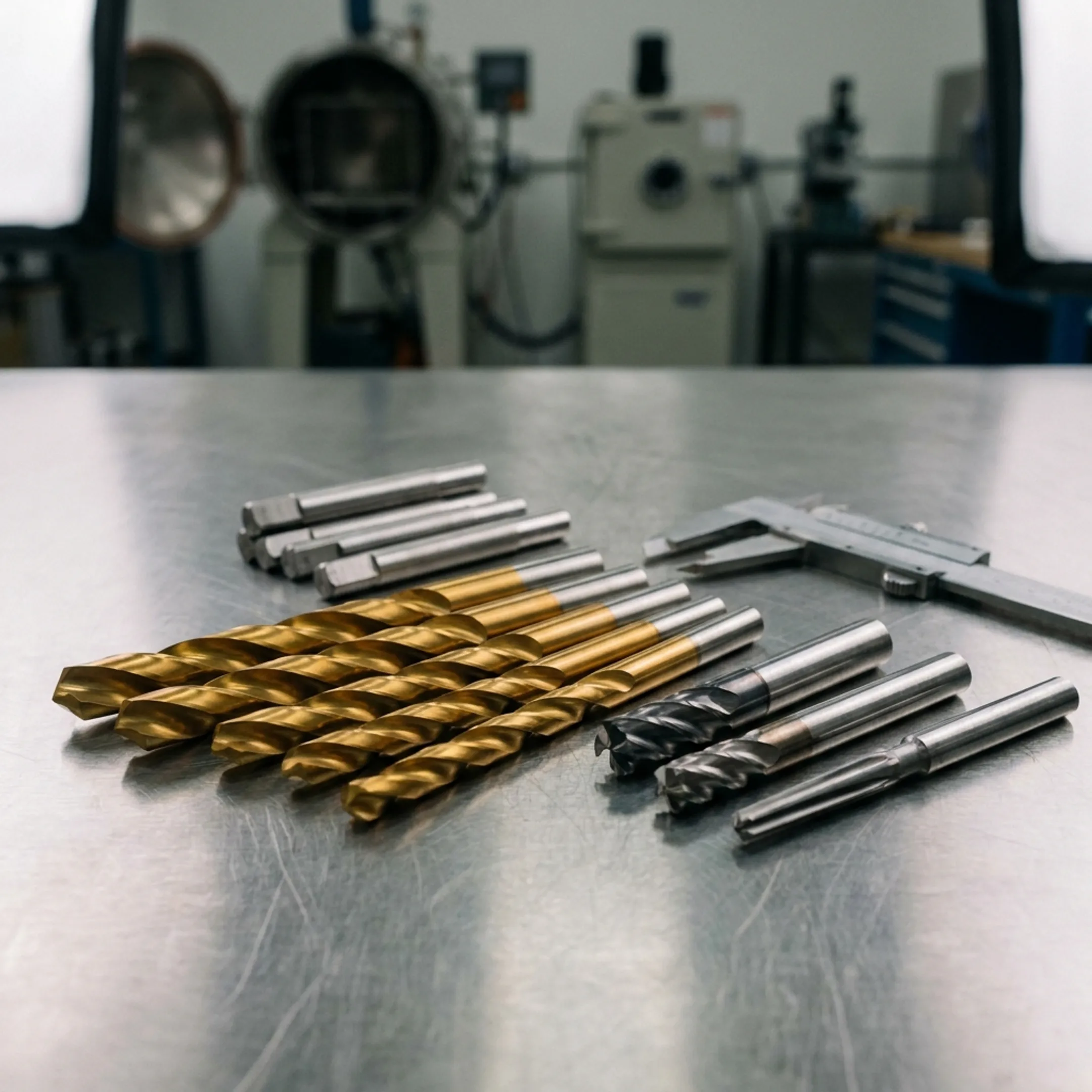 Titanium nitride coated drill bits arranged on a manufacturing workbench