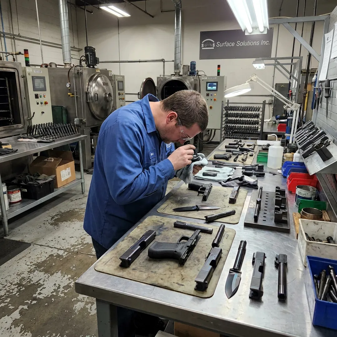 Technician inspecting coated tactical metal components